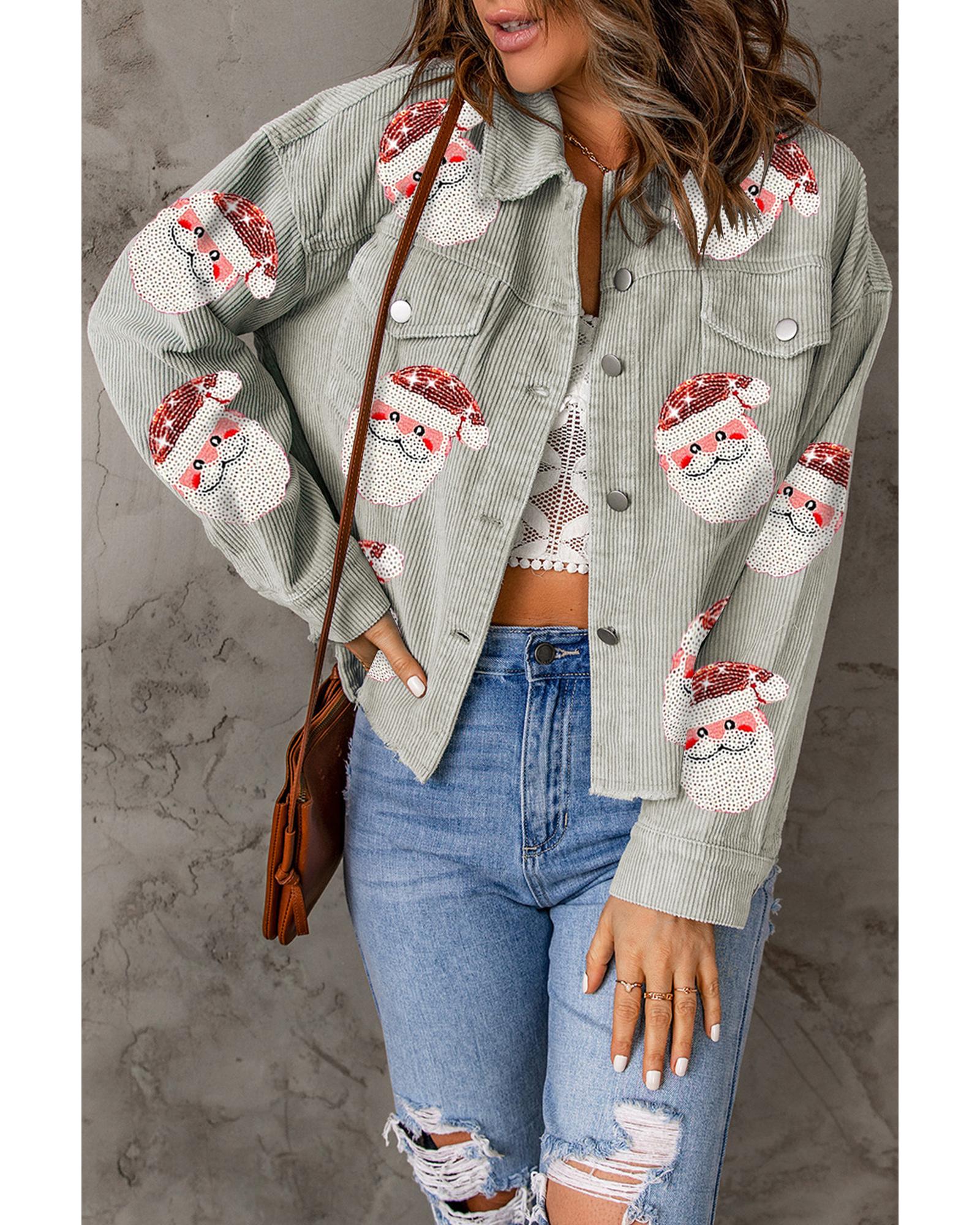 Sky Blue Sequined Santa Claus Flap Pocket Corduroy Jacket - S