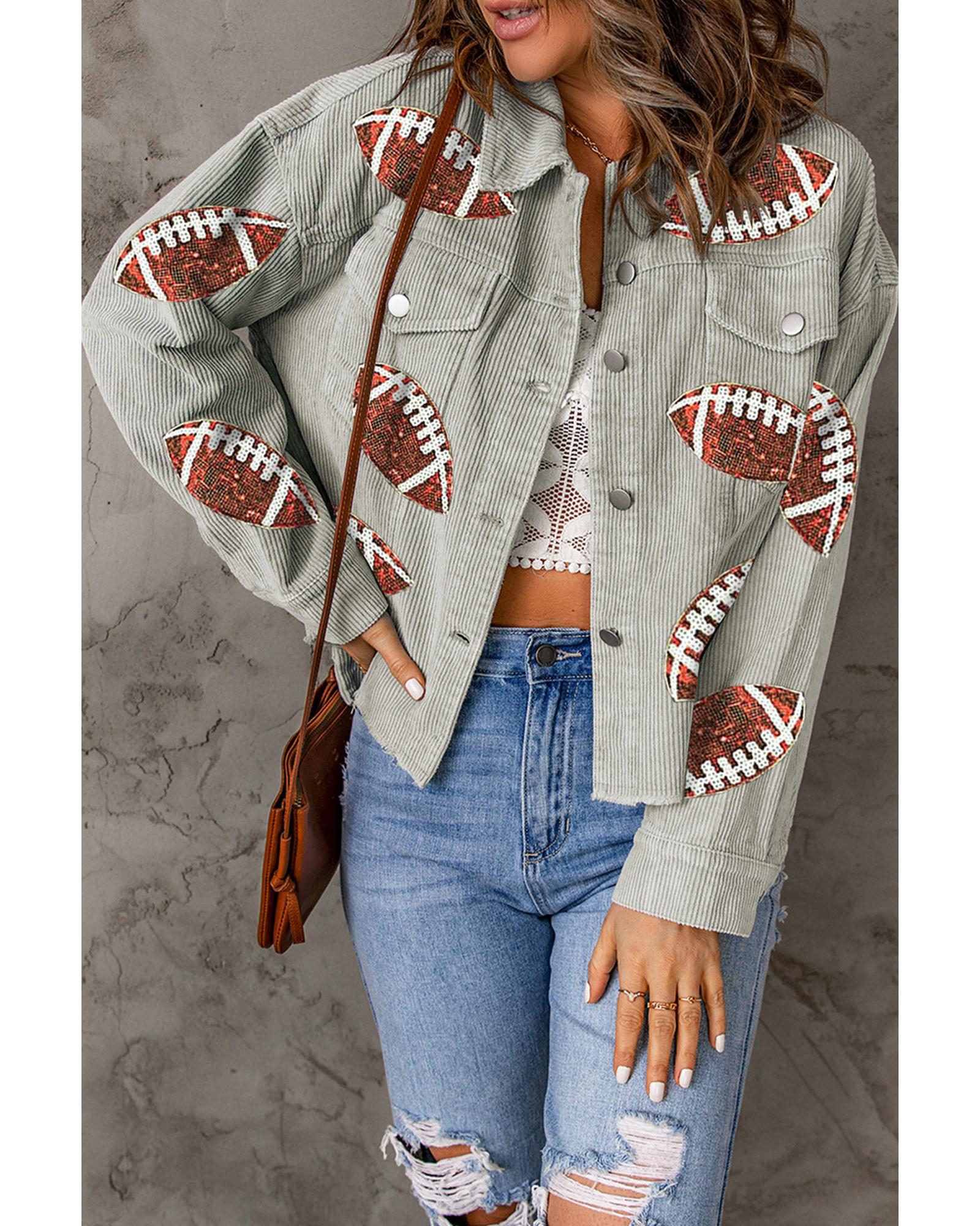 Sky Blue Sequined Football Patch Ribbed Cotton Jacket - S