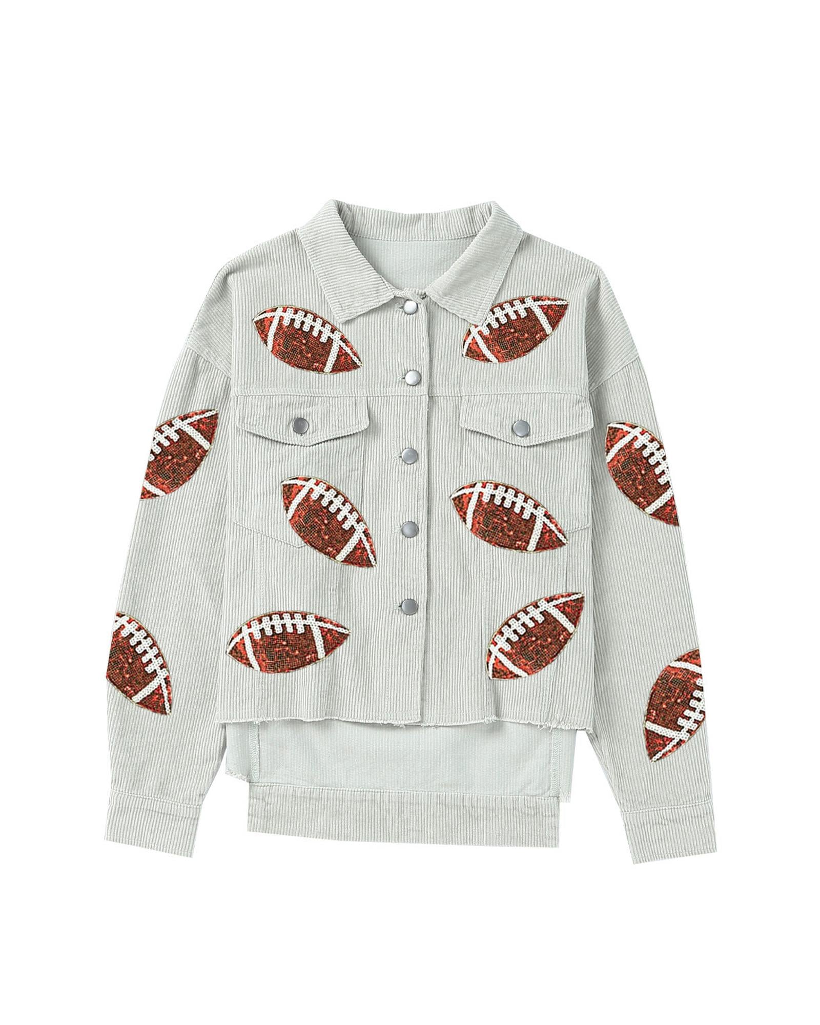 Sky Blue Sequined Football Patch Ribbed Cotton Jacket - S