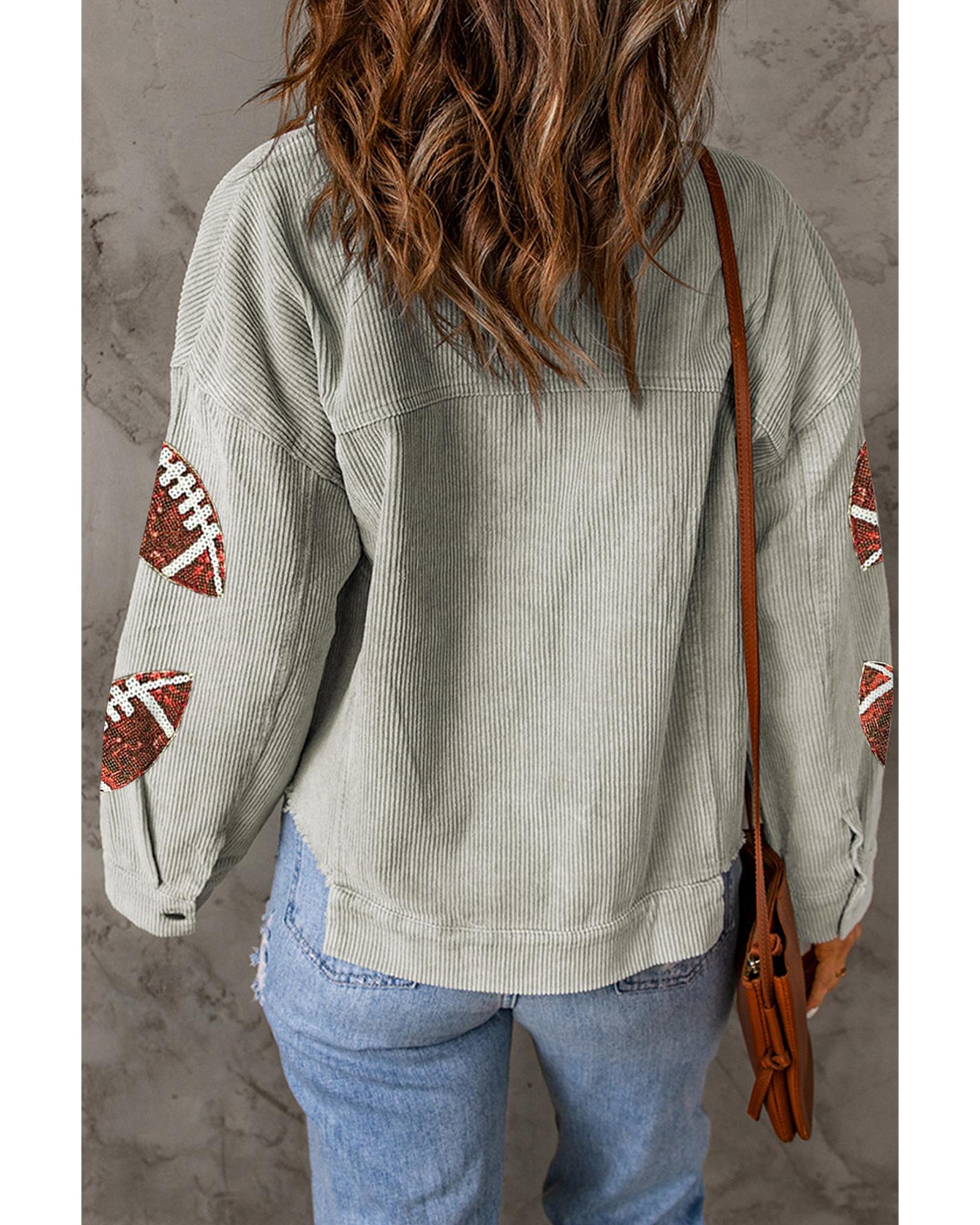 Sky Blue Sequined Football Patch Ribbed Cotton Jacket - S