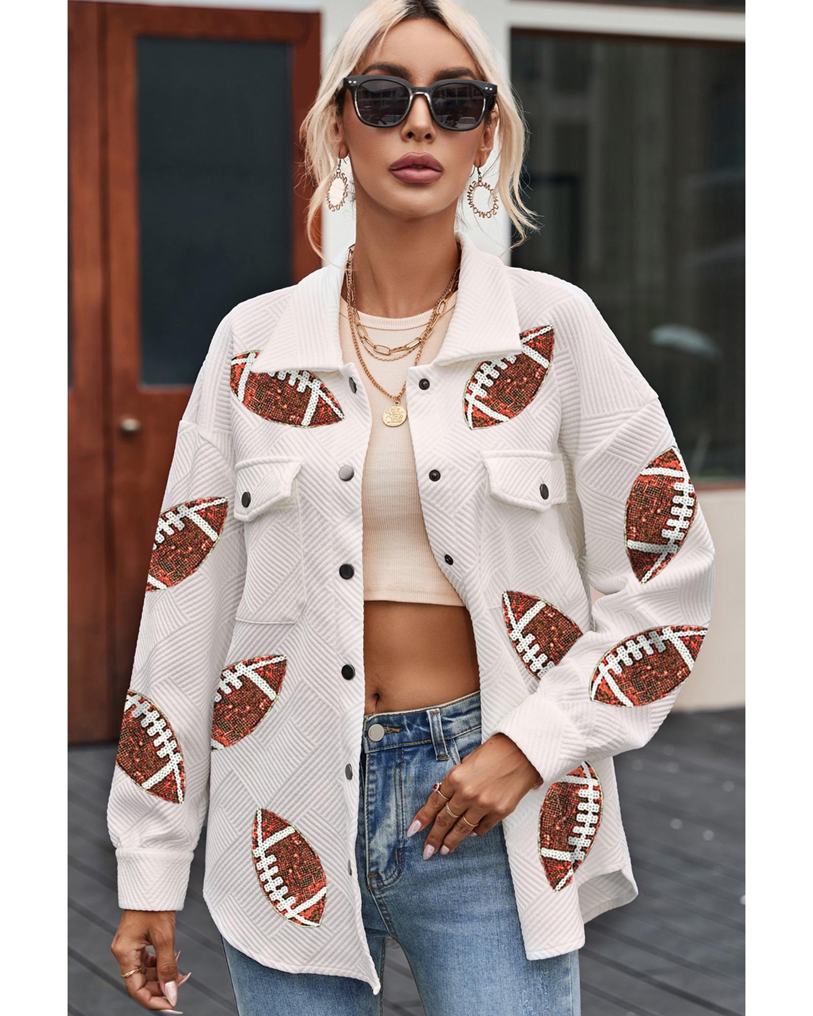 Beige Bubble Gum Texture Sequined Football Shacket - XL