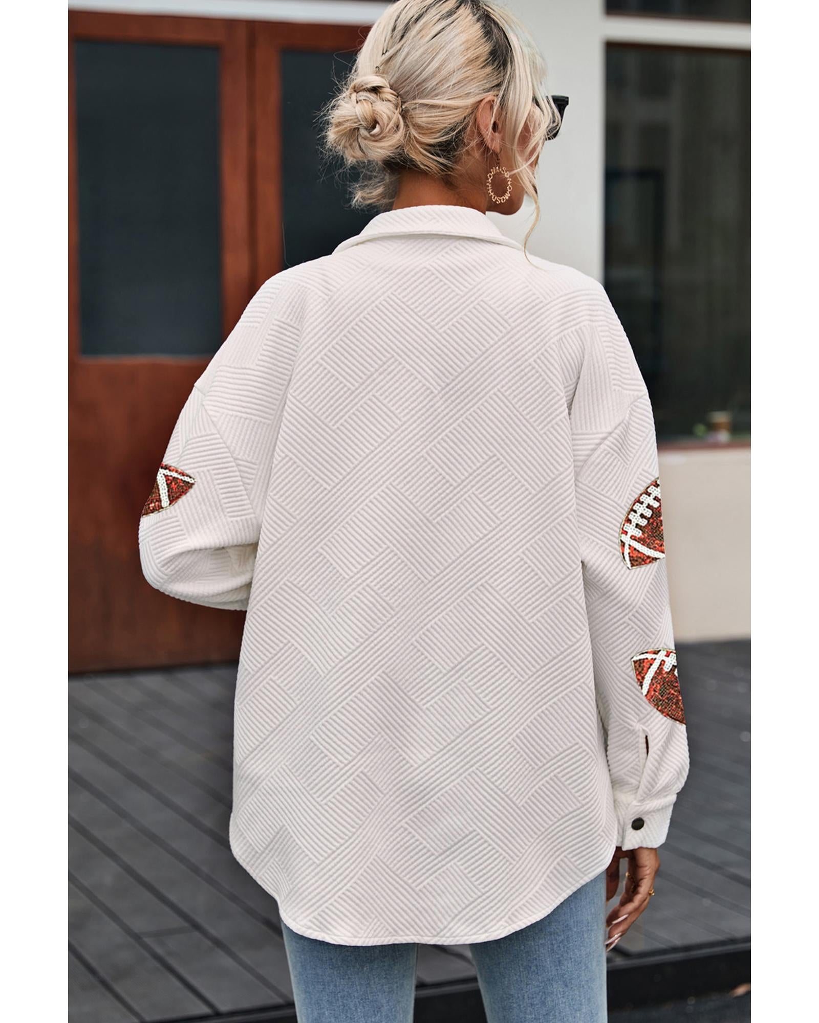 Beige Bubble Gum Texture Sequined Football Shacket - XL