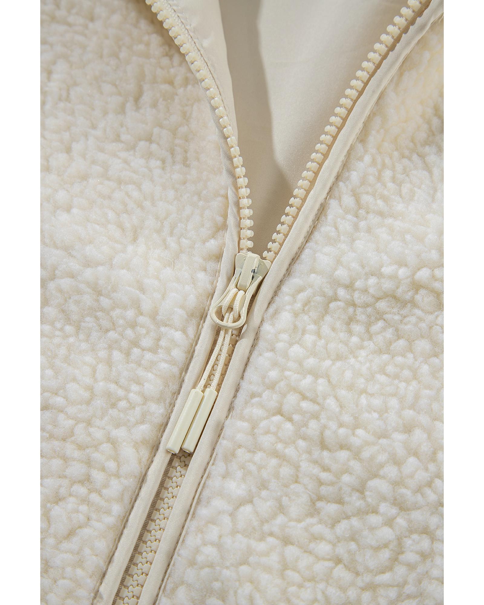 Beige Fleece Zip Up Drawstring Hooded Pocketed Jacket - M