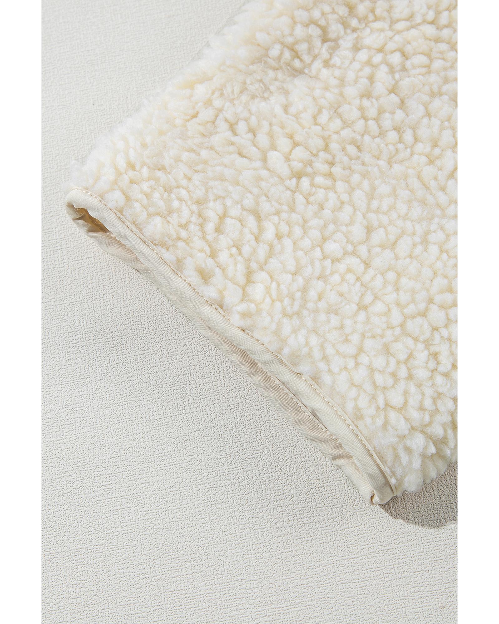 Beige Fleece Zip Up Drawstring Hooded Pocketed Jacket - M