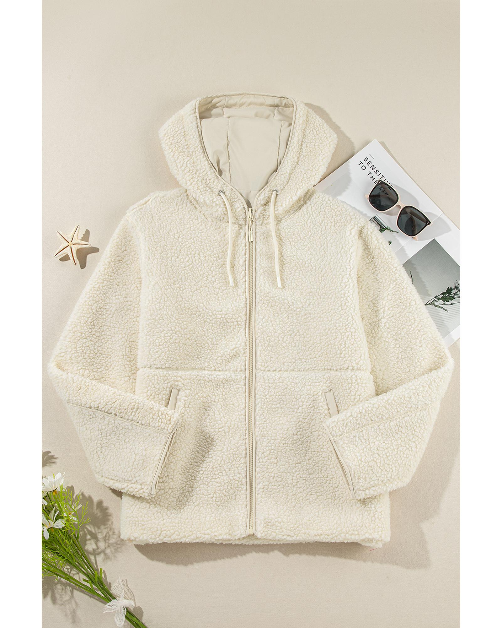 Beige Fleece Zip Up Drawstring Hooded Pocketed Jacket - S