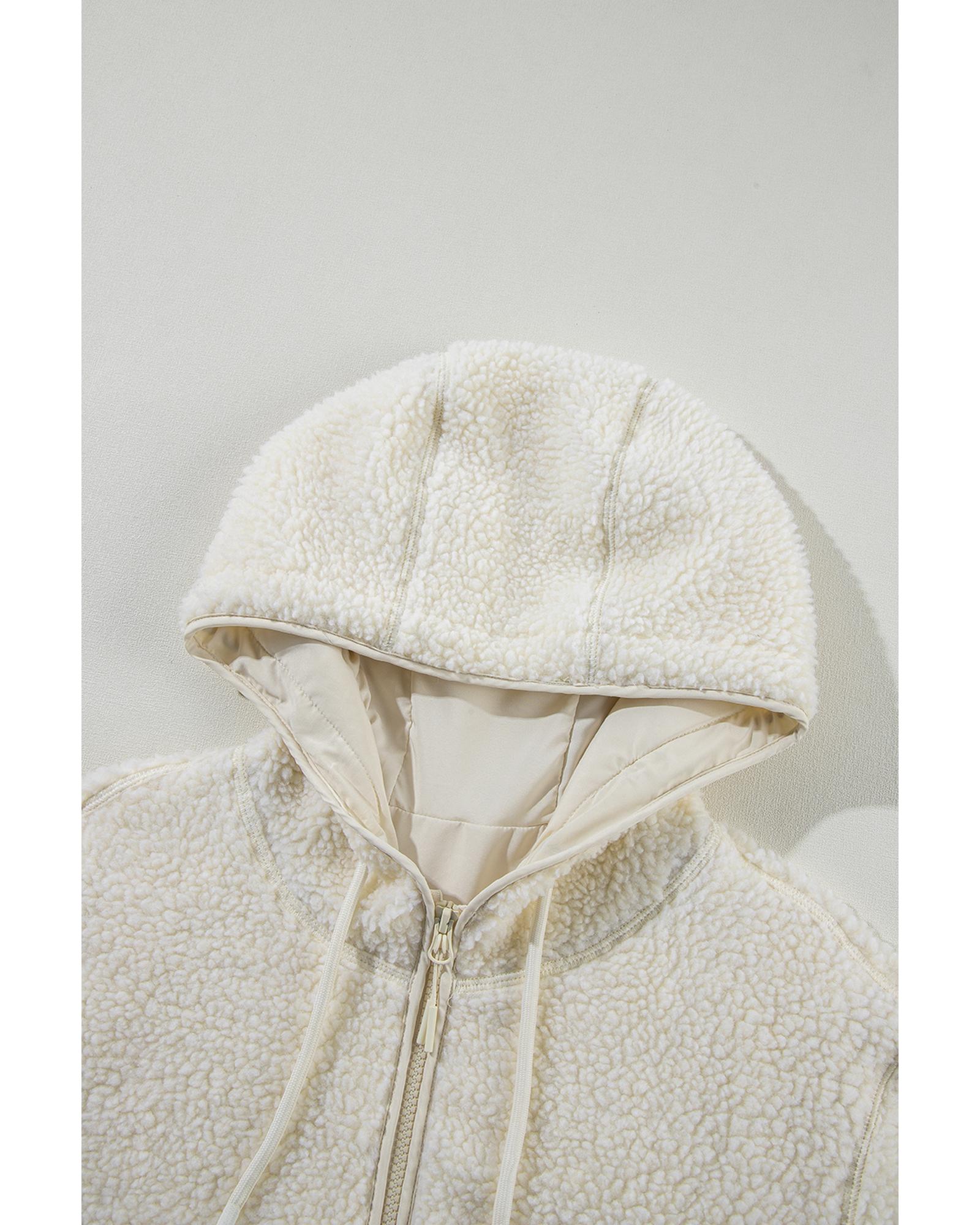 Beige Fleece Zip Up Drawstring Hooded Pocketed Jacket - S