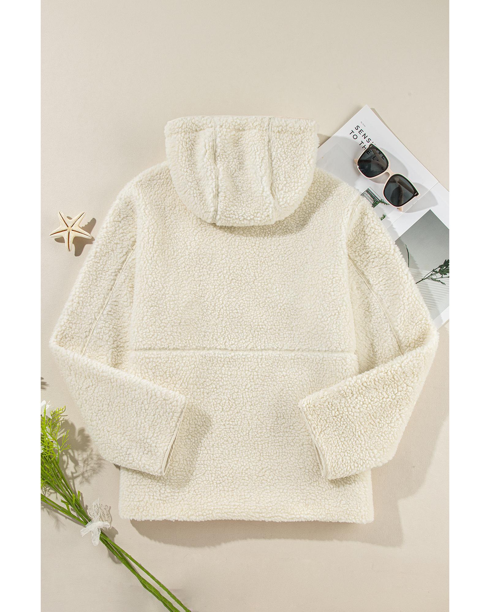Beige Fleece Zip Up Drawstring Hooded Pocketed Jacket - S
