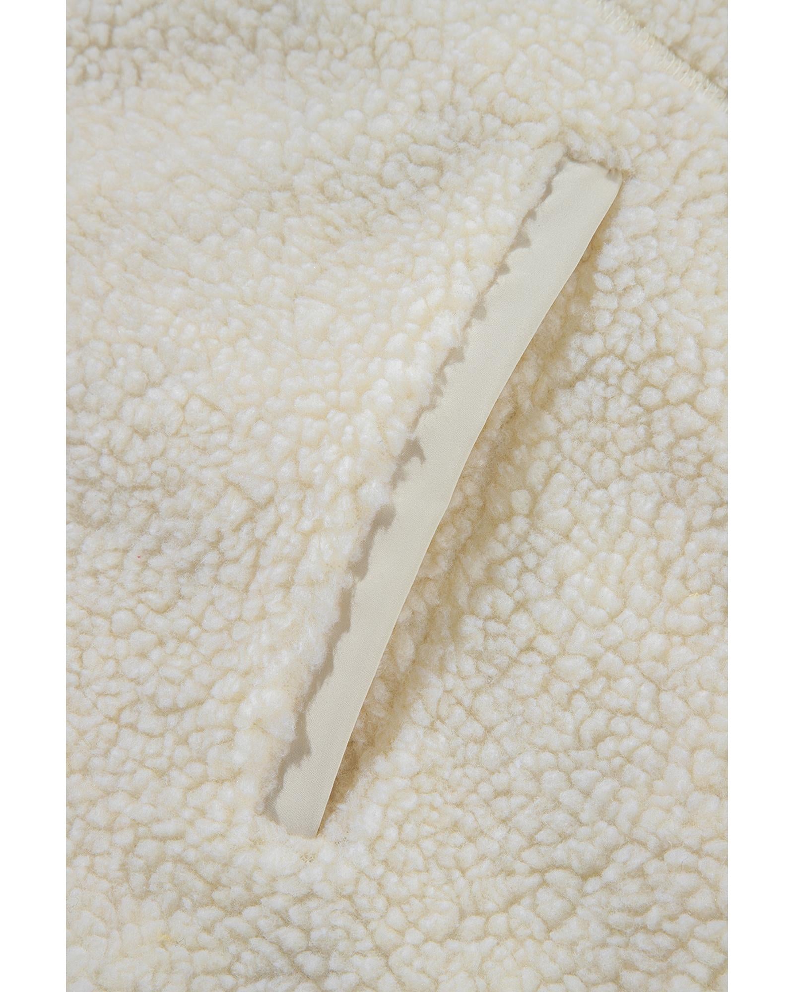 Beige Fleece Zip Up Drawstring Hooded Pocketed Jacket - XL