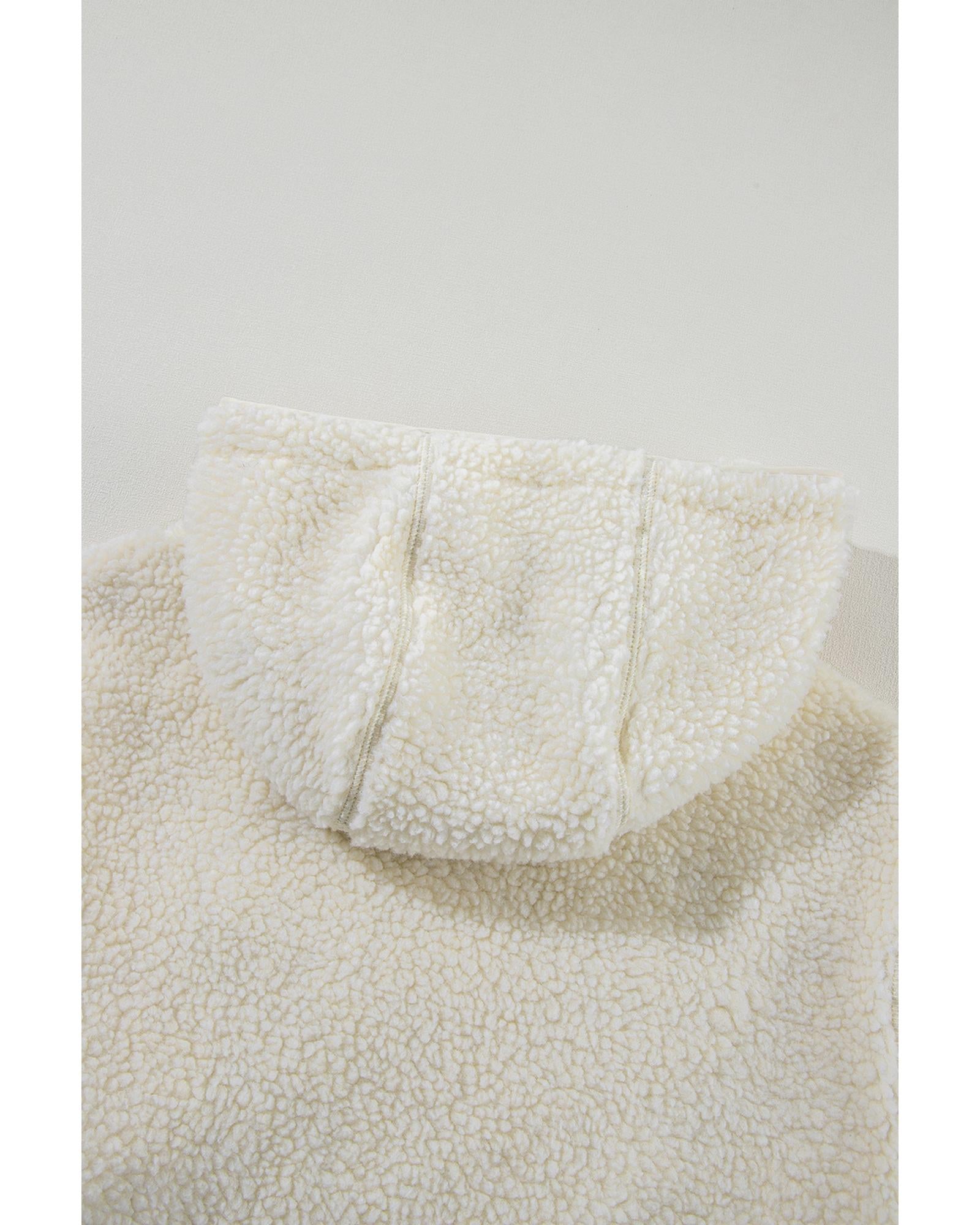 Beige Fleece Zip Up Drawstring Hooded Pocketed Jacket - XL