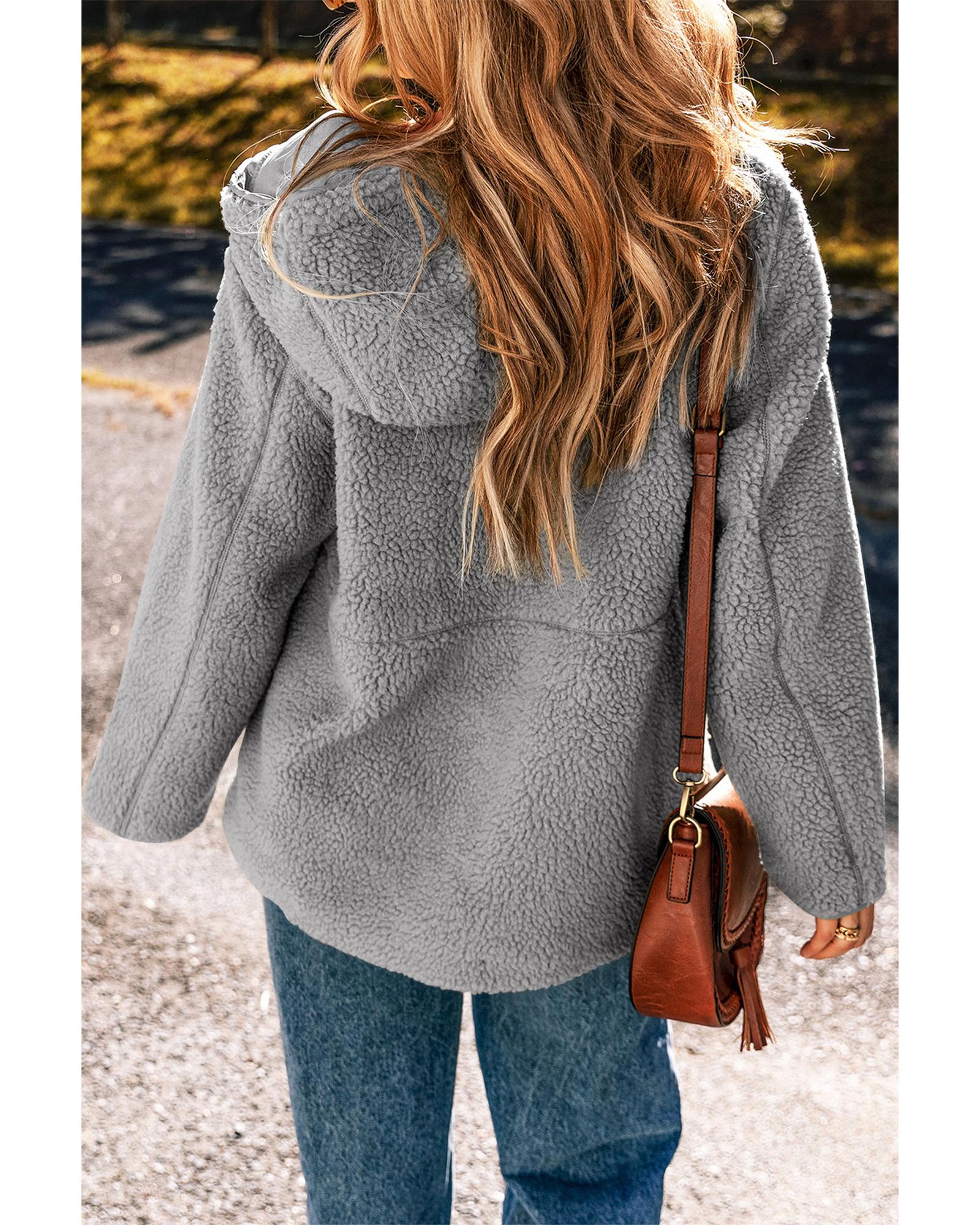 Medium Grey Fleece Zip Up Drawstring Hooded Pocketed Jacket - 2XL