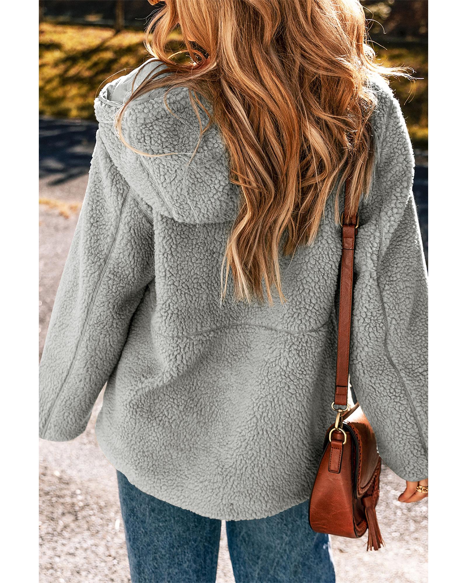 Medium Grey Fleece Zip Up Drawstring Hooded Pocketed Jacket - L