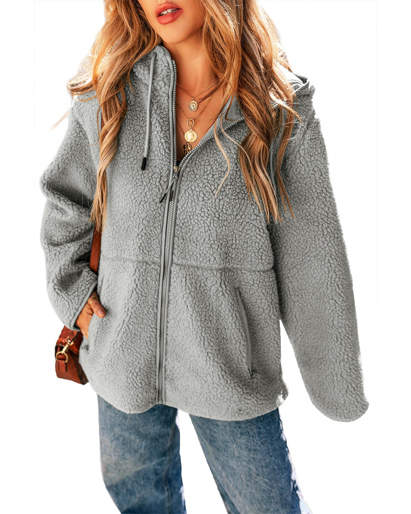Medium Grey Fleece Zip Up Drawstring Hooded Pocketed Jacket - L