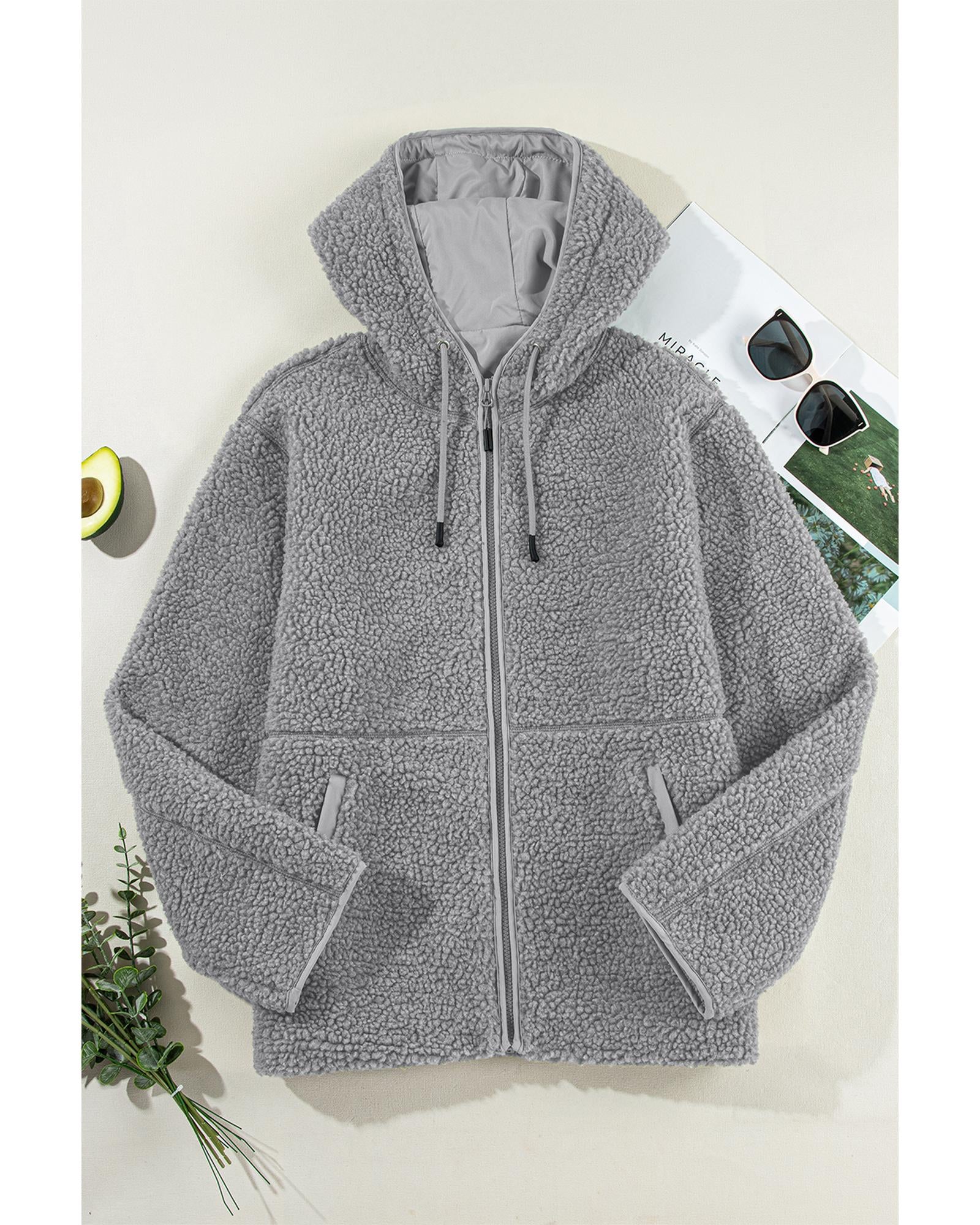 Medium Grey Fleece Zip Up Drawstring Hooded Pocketed Jacket - L