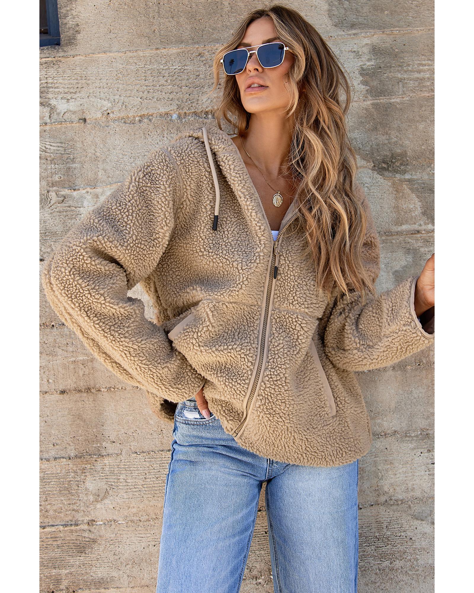 Pale Khaki Fleece Zip Up Drawstring Hooded Pocketed Jacket - M