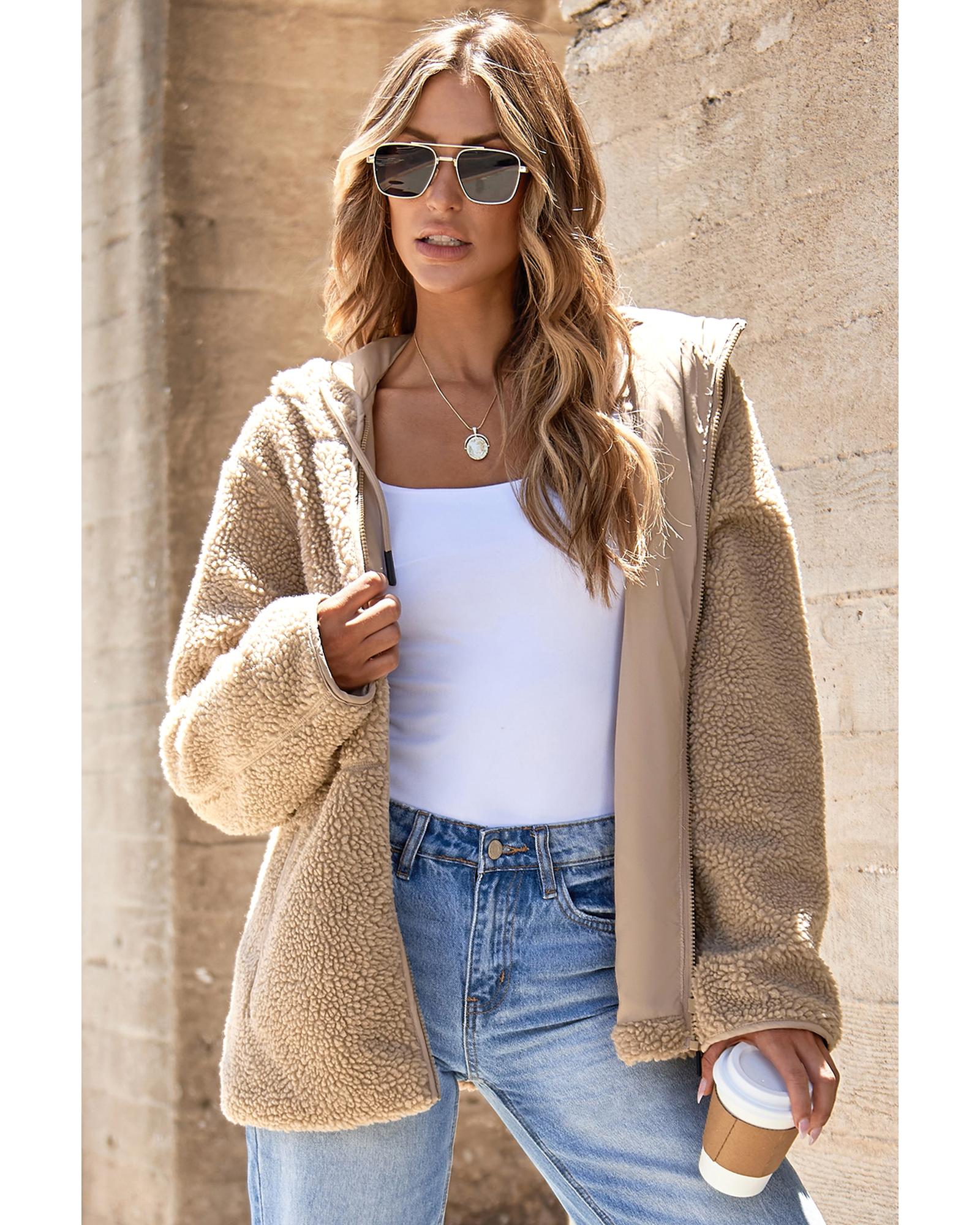 Pale Khaki Fleece Zip Up Drawstring Hooded Pocketed Jacket - M