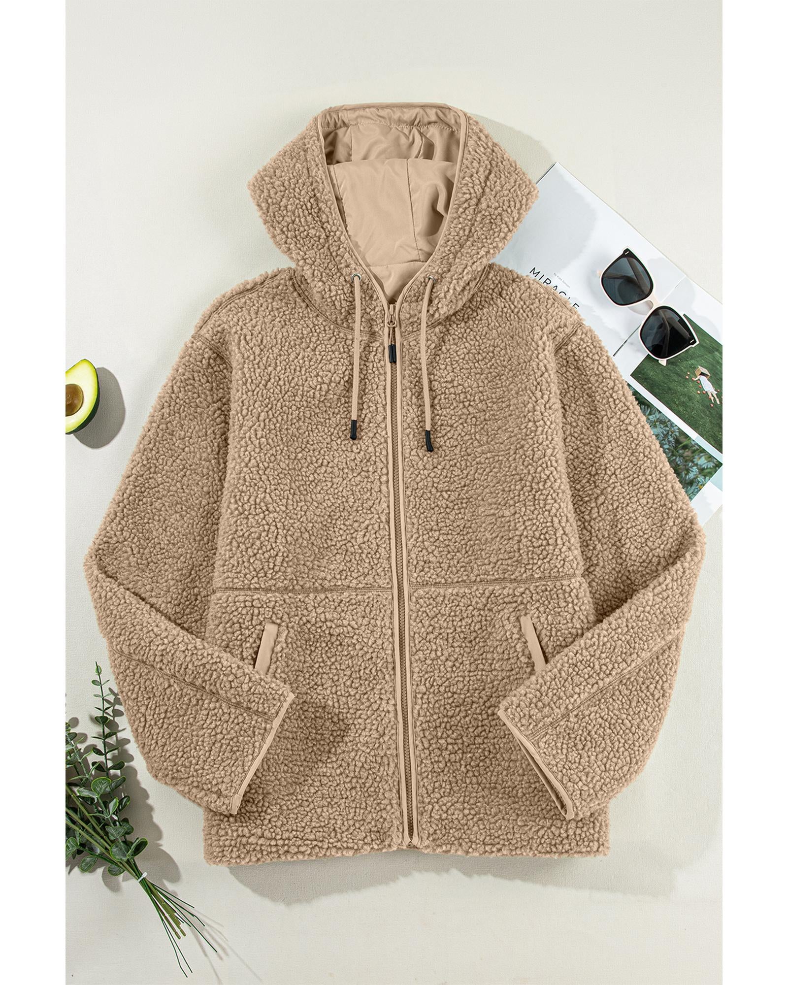 Pale Khaki Fleece Zip Up Drawstring Hooded Pocketed Jacket - M