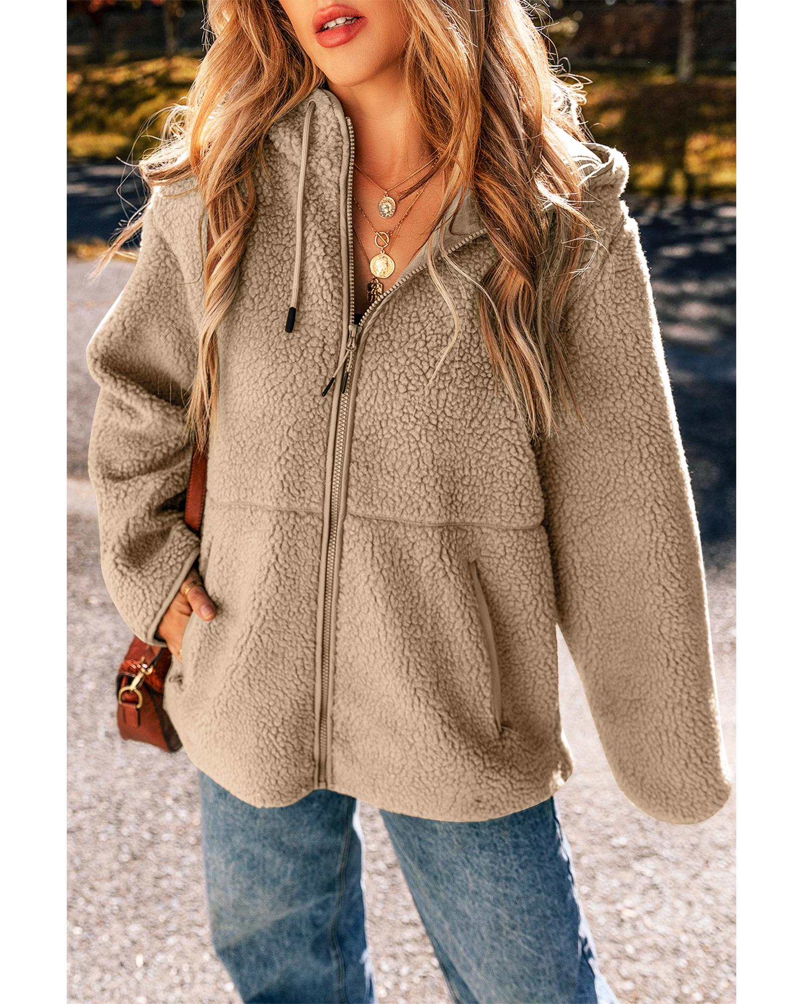 Pale Khaki Fleece Zip Up Drawstring Hooded Pocketed Jacket - M