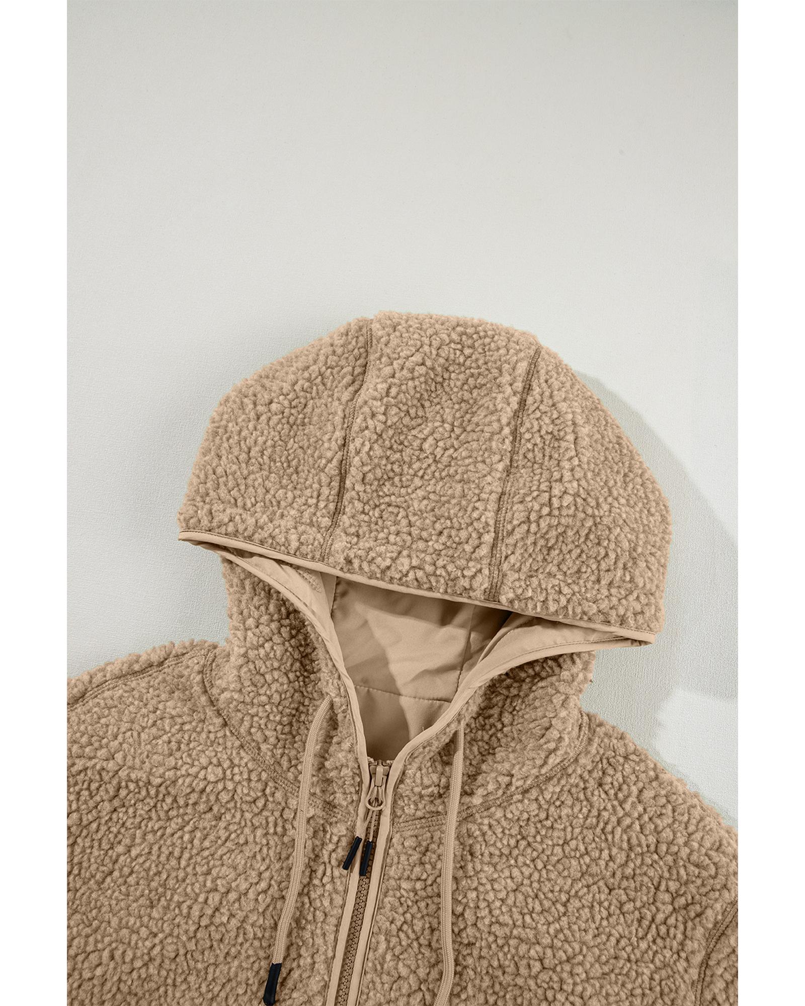 Pale Khaki Fleece Zip Up Drawstring Hooded Pocketed Jacket - XL