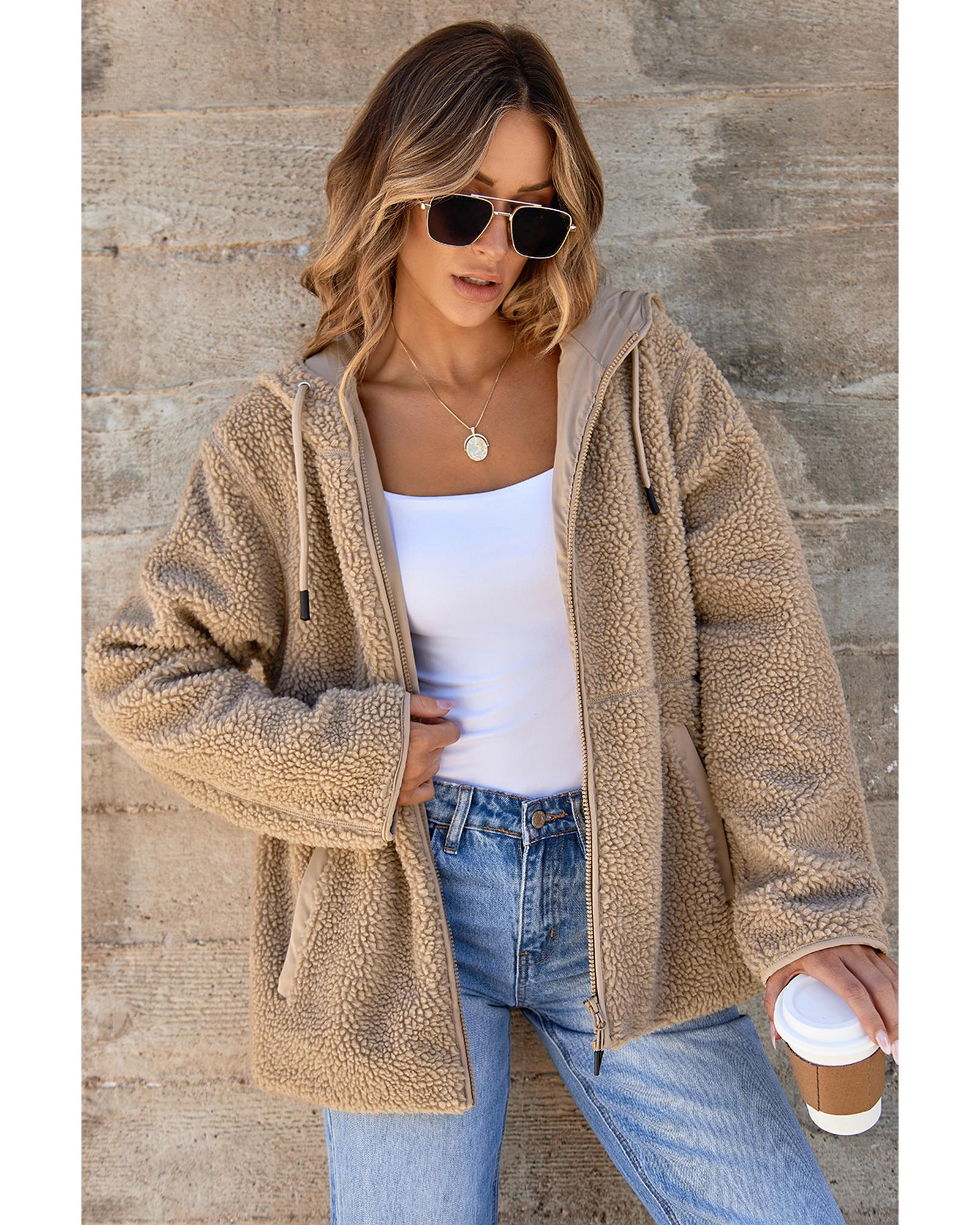 Pale Khaki Fleece Zip Up Drawstring Hooded Pocketed Jacket - XL