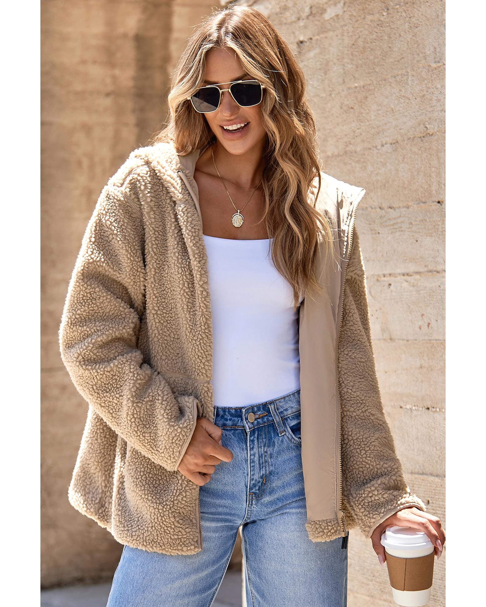 Pale Khaki Fleece Zip Up Drawstring Hooded Pocketed Jacket - XL