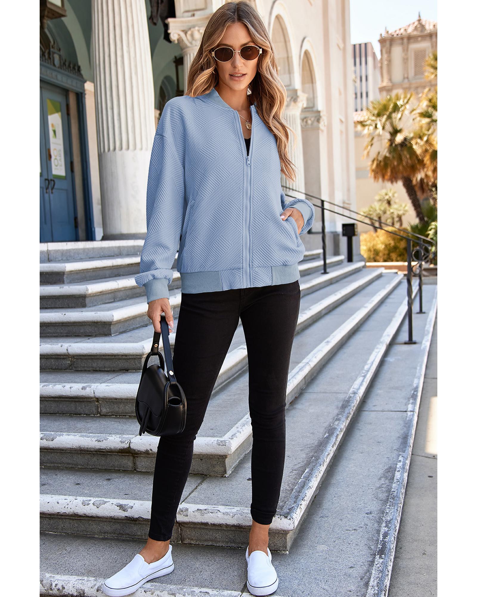 Myosotis Solid Textured Stand Neck Zipper Bomber Jacket - 2XL