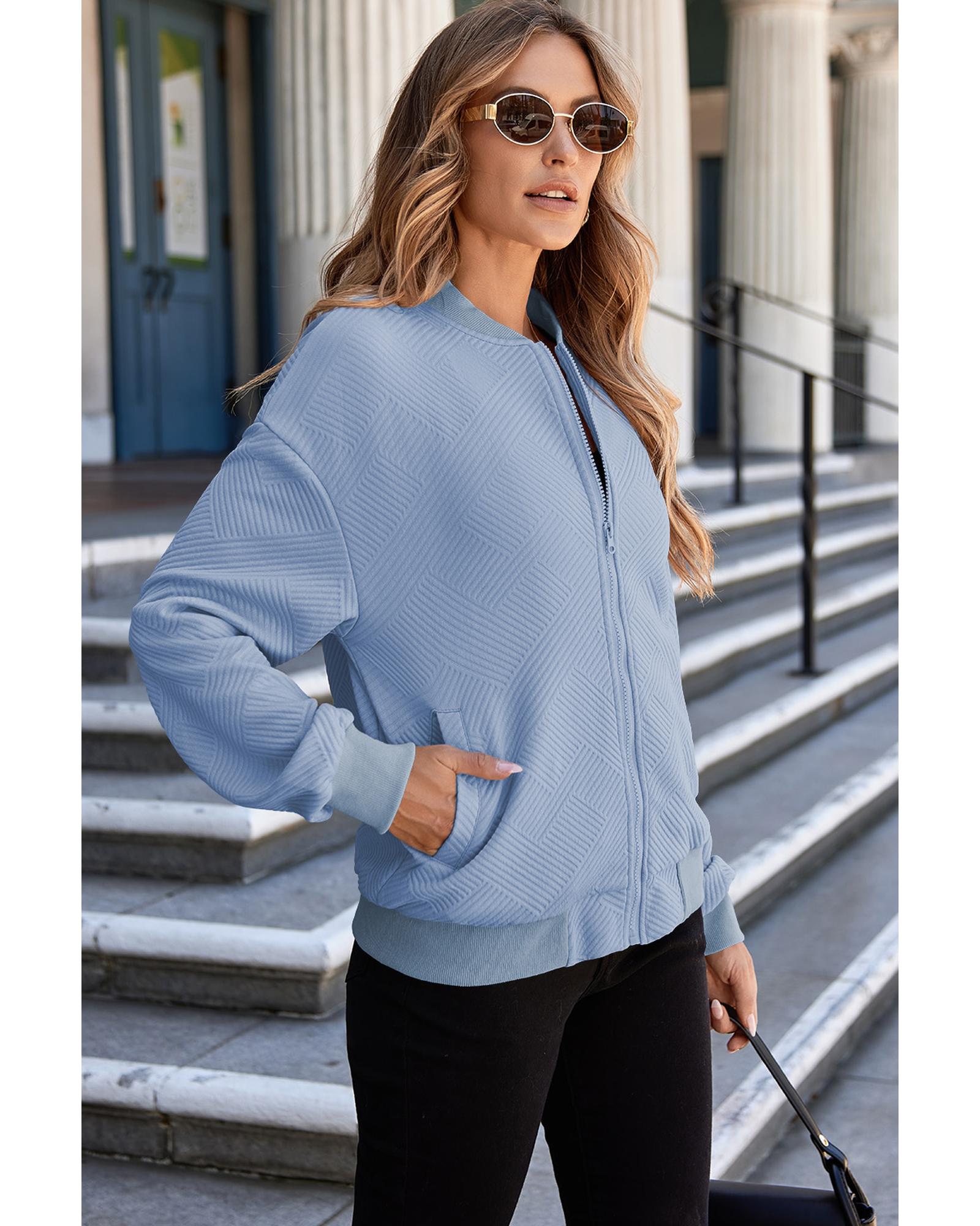 Myosotis Solid Textured Stand Neck Zipper Bomber Jacket - XL