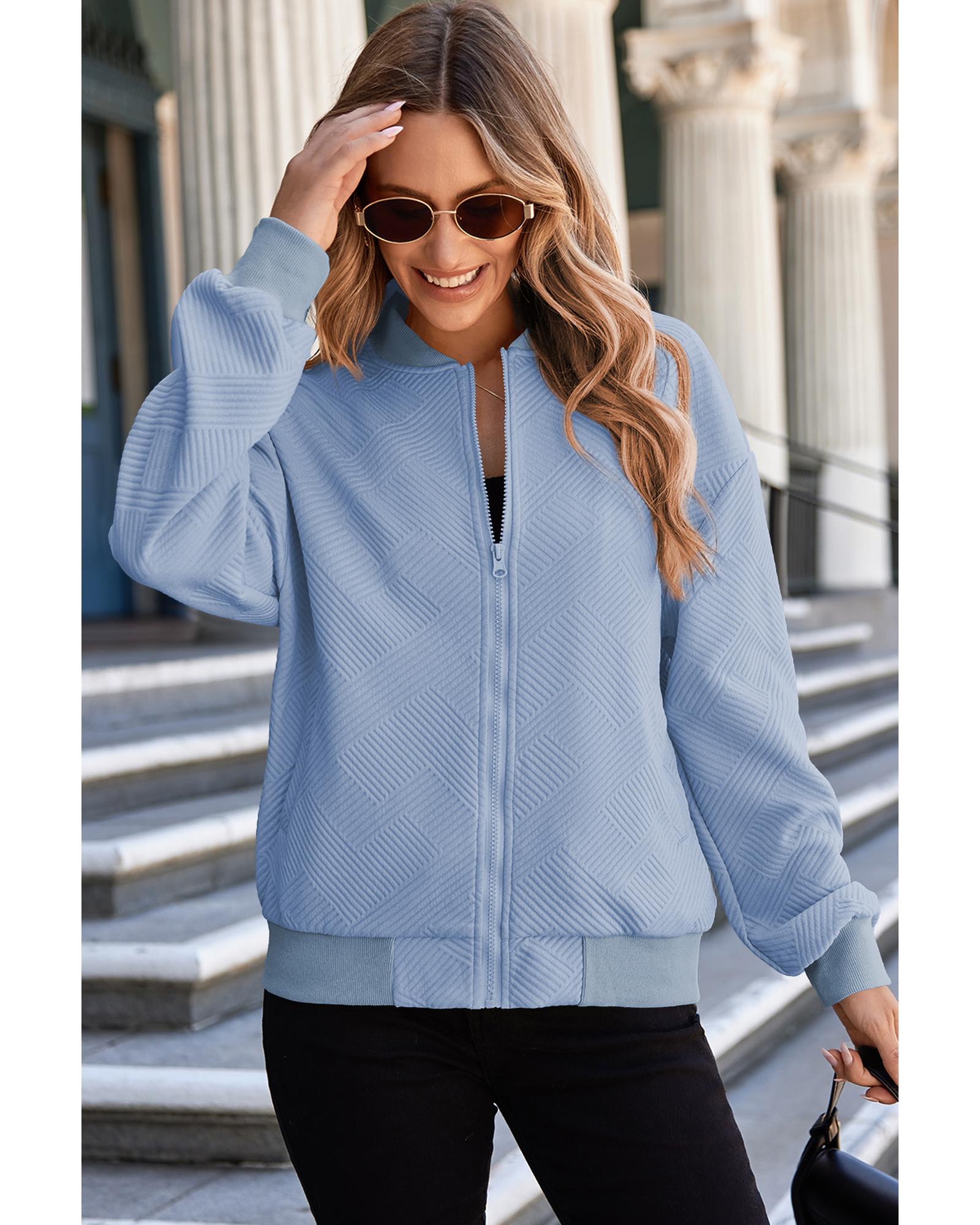 Myosotis Solid Textured Stand Neck Zipper Bomber Jacket - XL