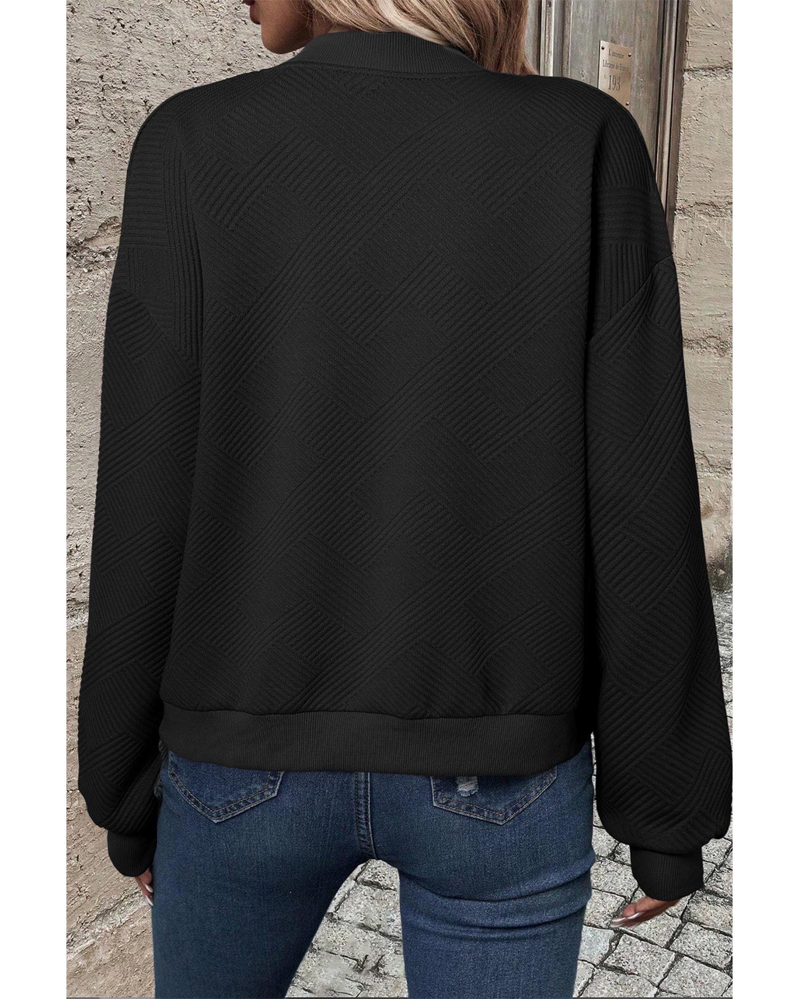 Black Solid Textured Stand Neck Zipper Bomber Jacket - M