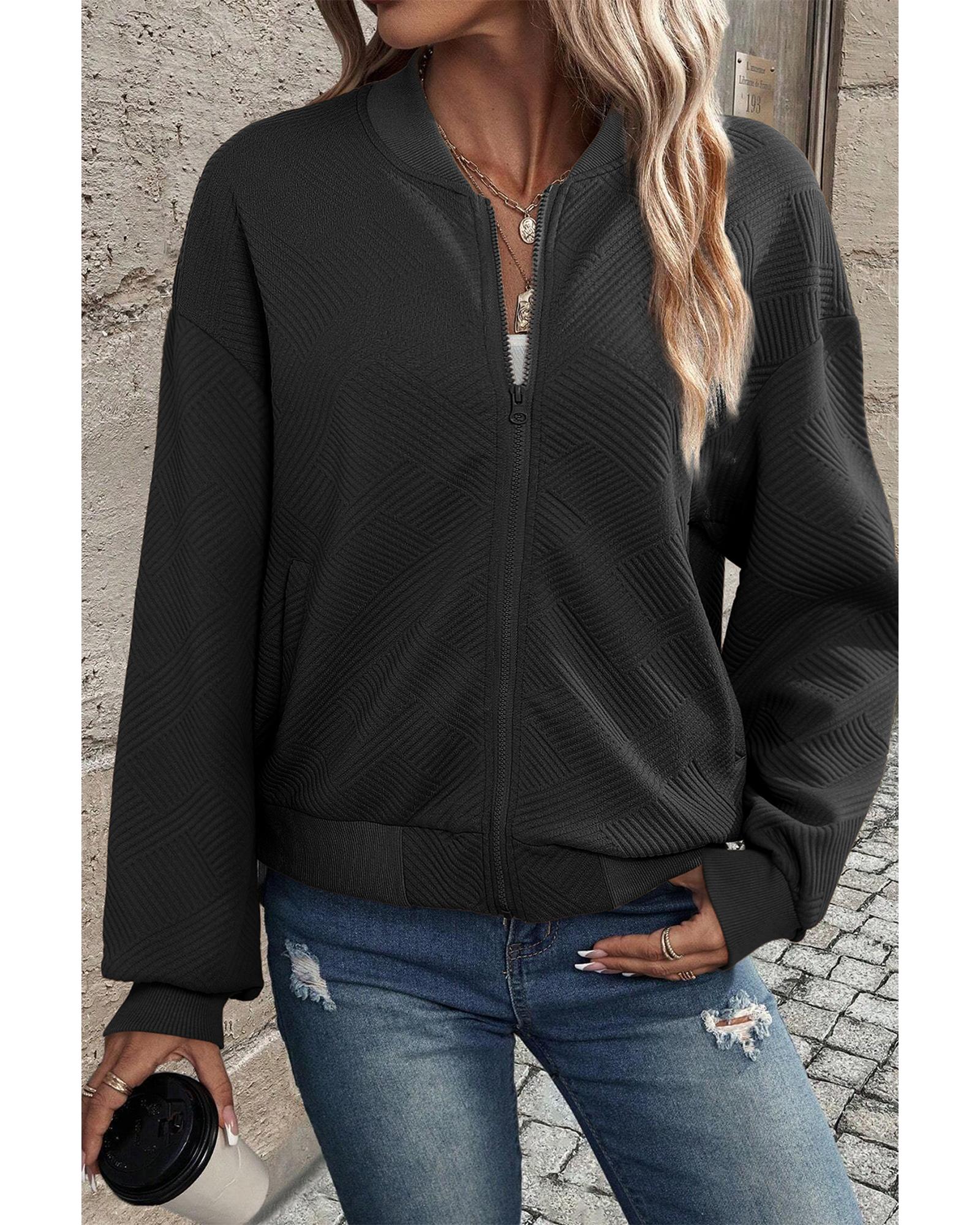 Black Solid Textured Stand Neck Zipper Bomber Jacket - M