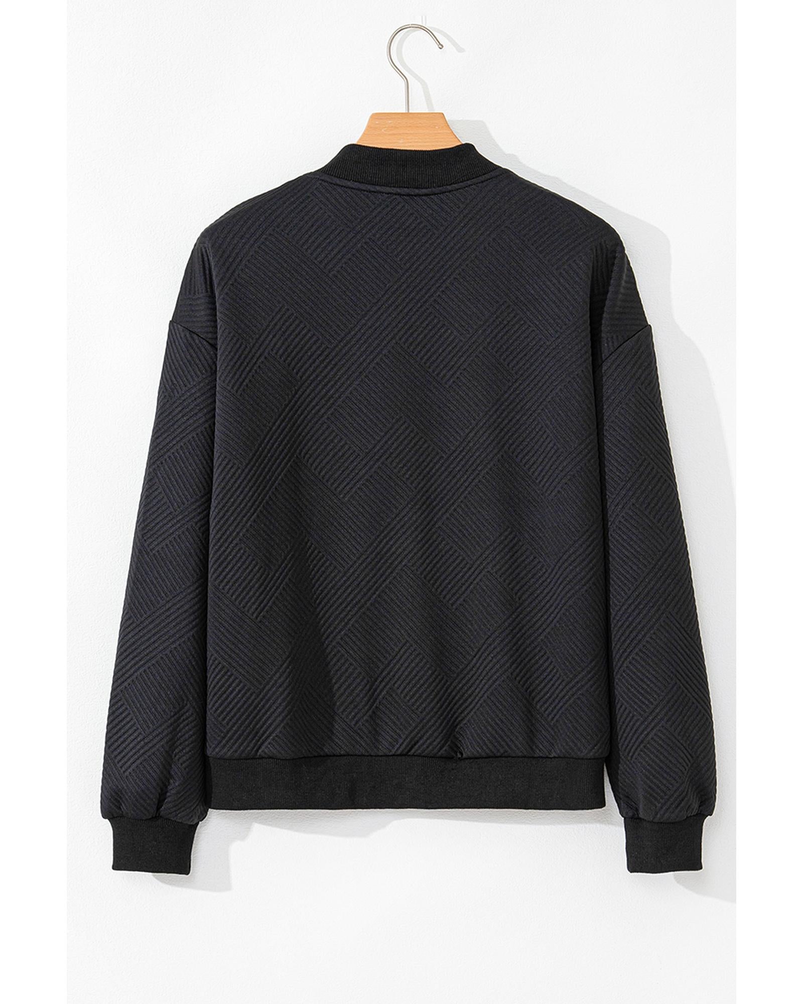 Black Solid Textured Stand Neck Zipper Bomber Jacket - XL
