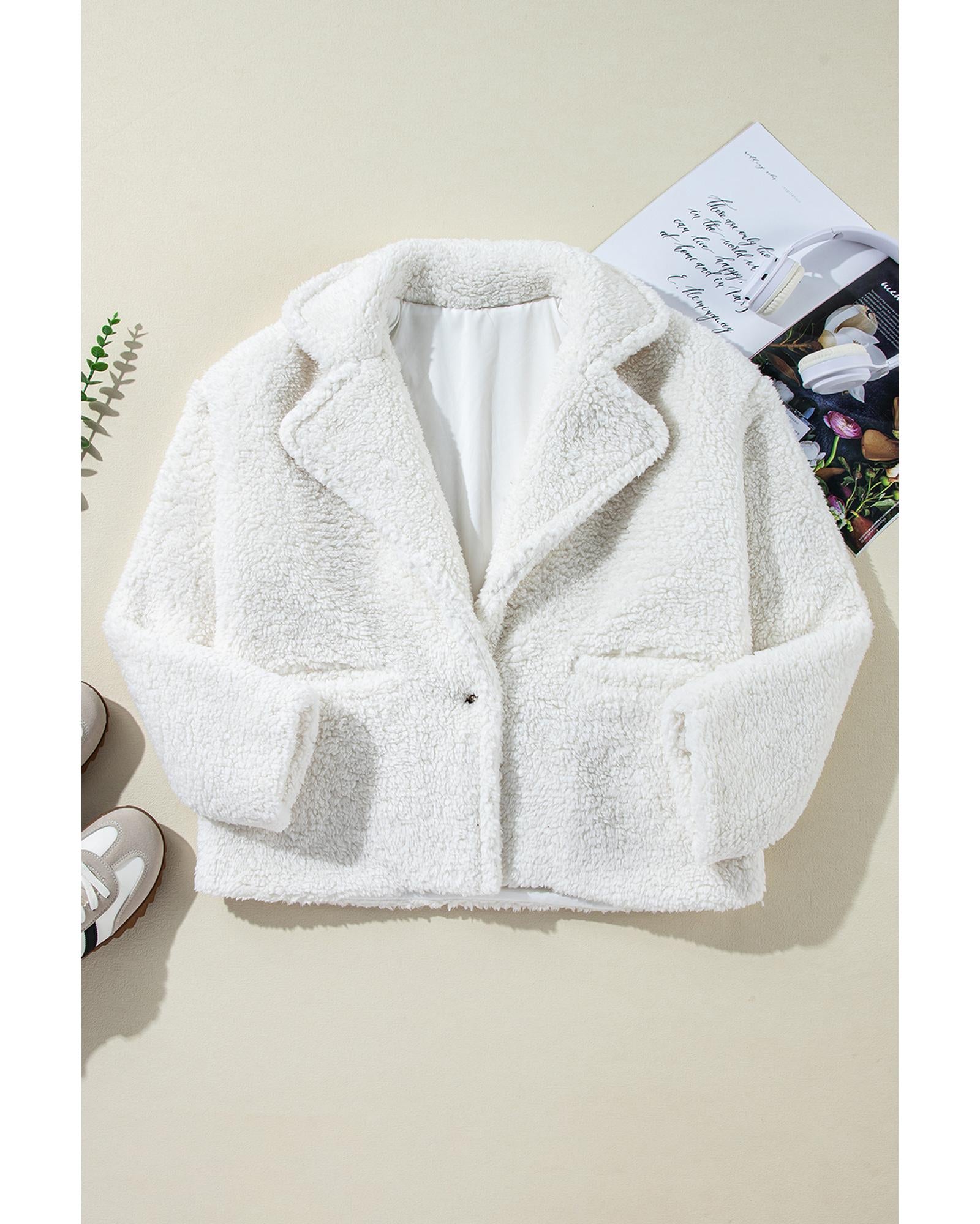 Beige Faux Fur Button Pocketed Lapel Collar Jacket - L