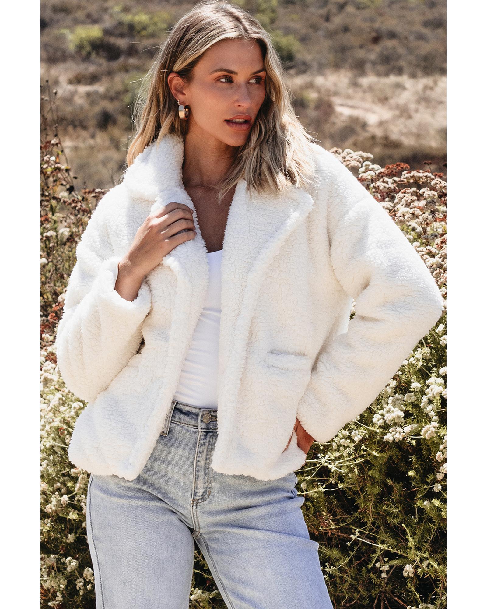 Beige Faux Fur Button Pocketed Lapel Collar Jacket - L