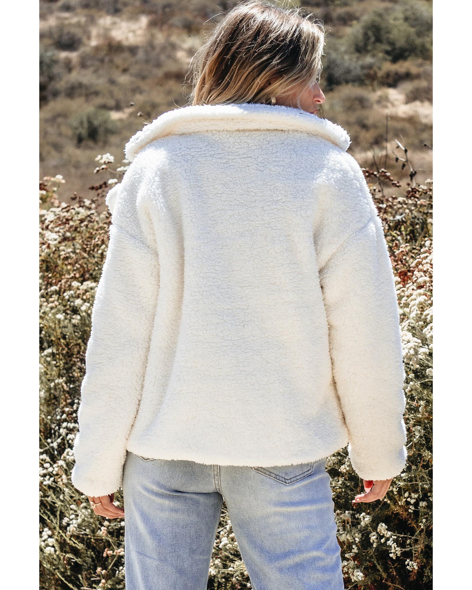 Beige Faux Fur Button Pocketed Lapel Collar Jacket - M