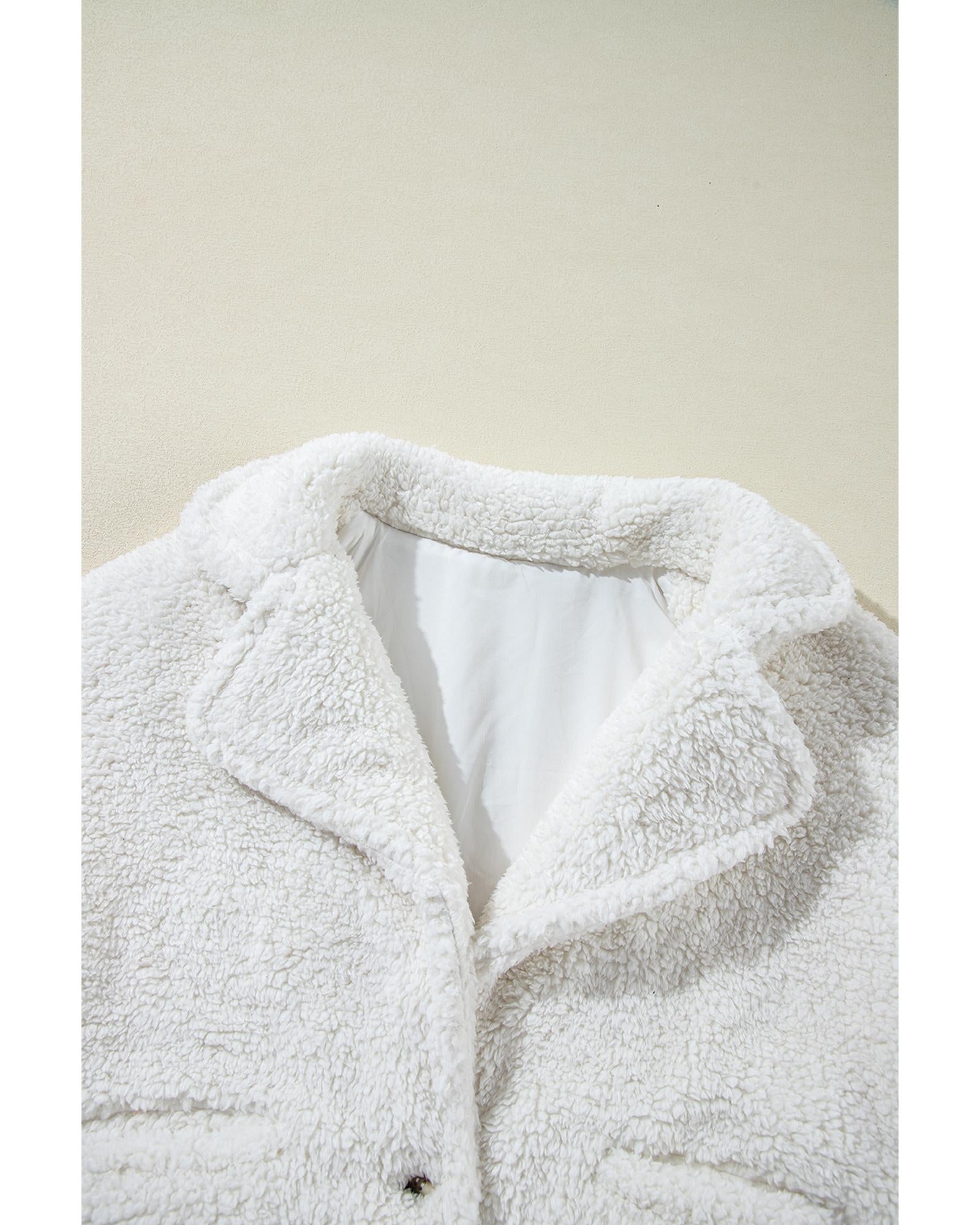 Beige Faux Fur Button Pocketed Lapel Collar Jacket - M