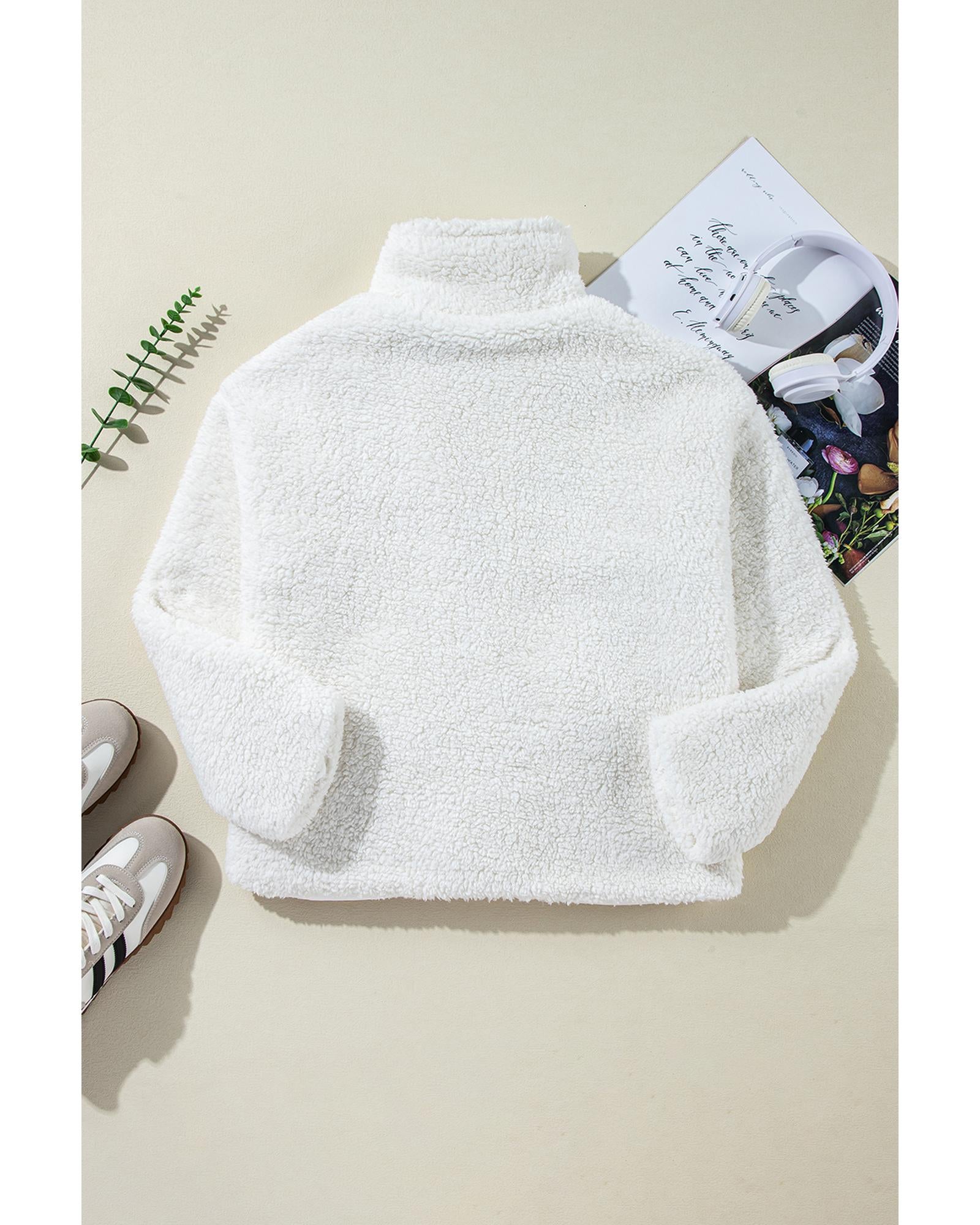 Beige Faux Fur Button Pocketed Lapel Collar Jacket - M
