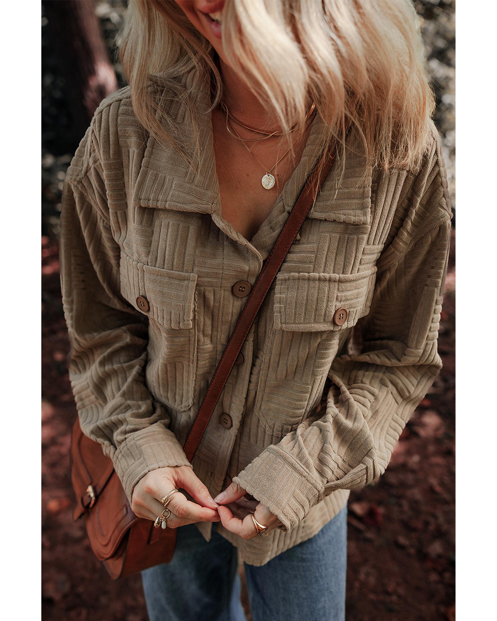 Dark Khaki Textured Chest Pocket Button-up Shacket - L