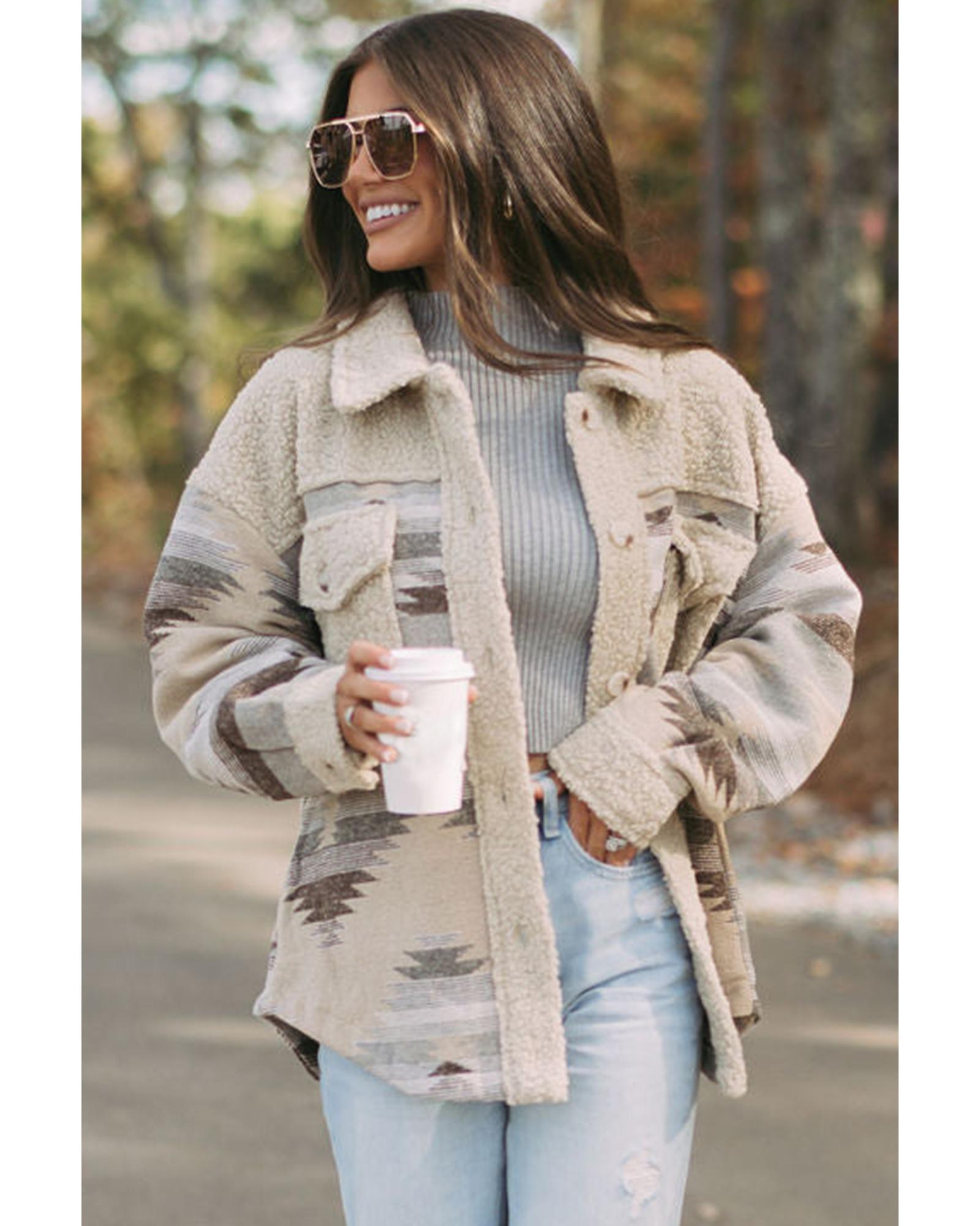 Khaki Western Aztec Print Sherpa Splicing Buttoned Flap Pocket Coat - S