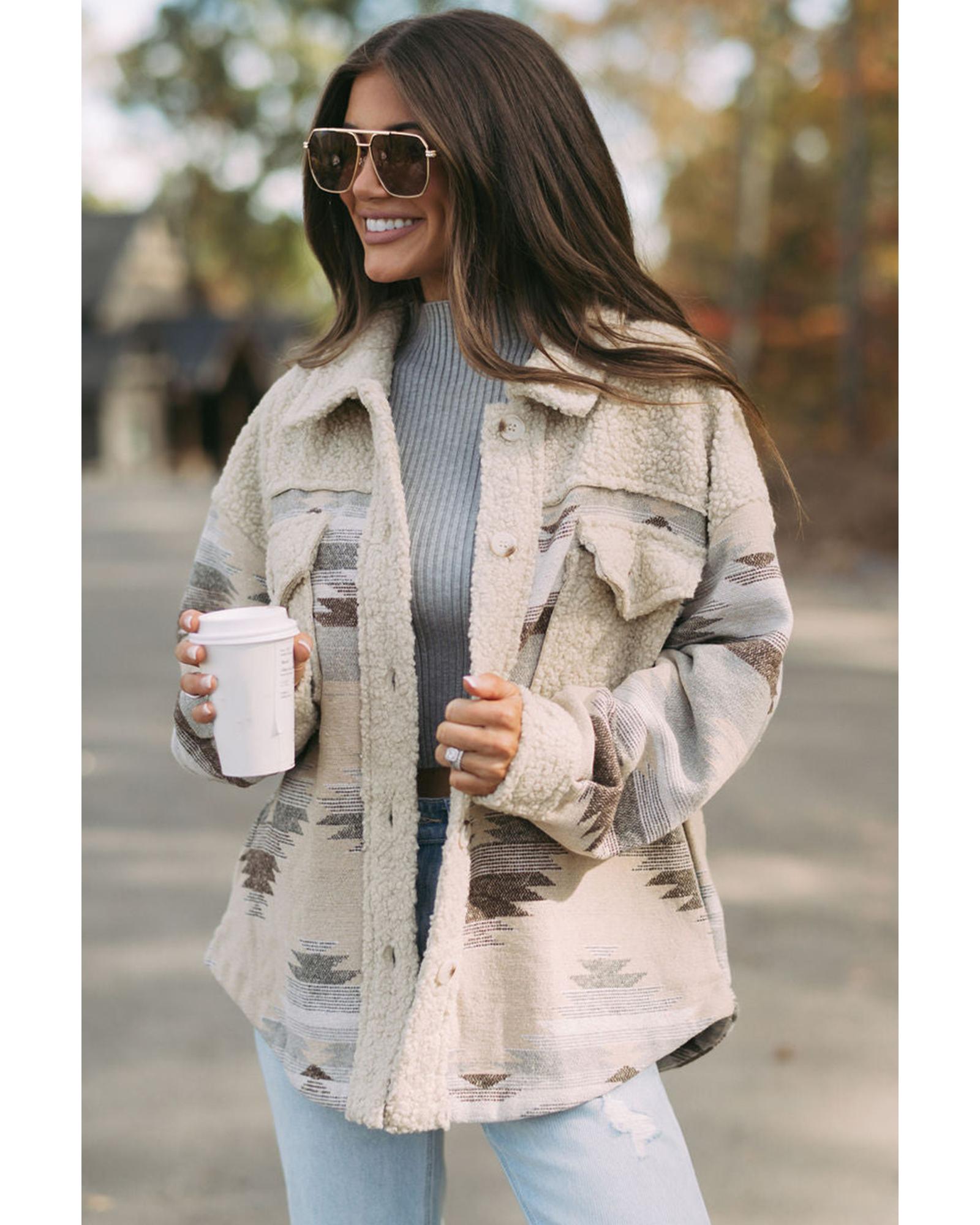 Khaki Western Aztec Print Sherpa Splicing Buttoned Flap Pocket Coat - S