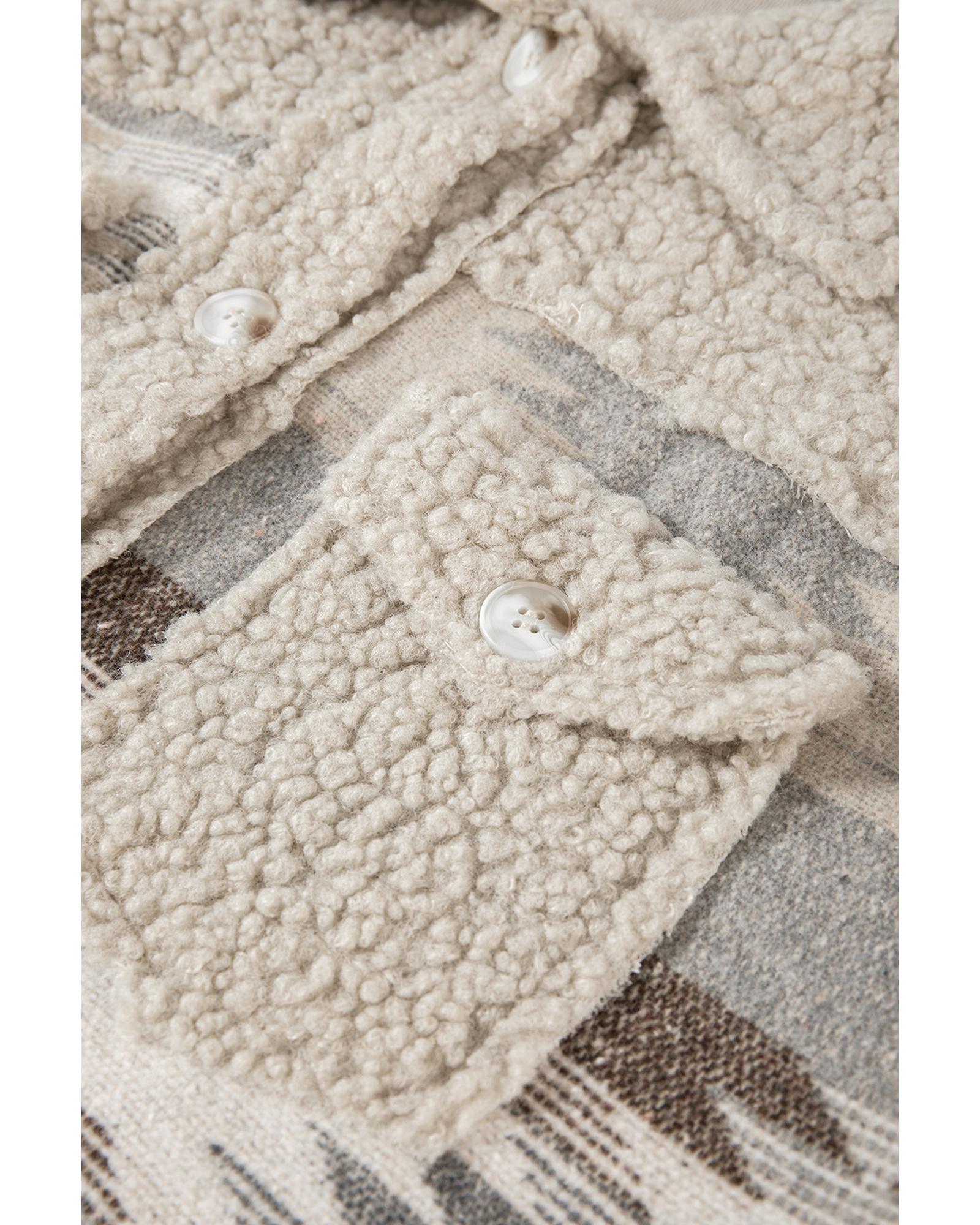 Khaki Western Aztec Print Sherpa Splicing Buttoned Flap Pocket Coat - S