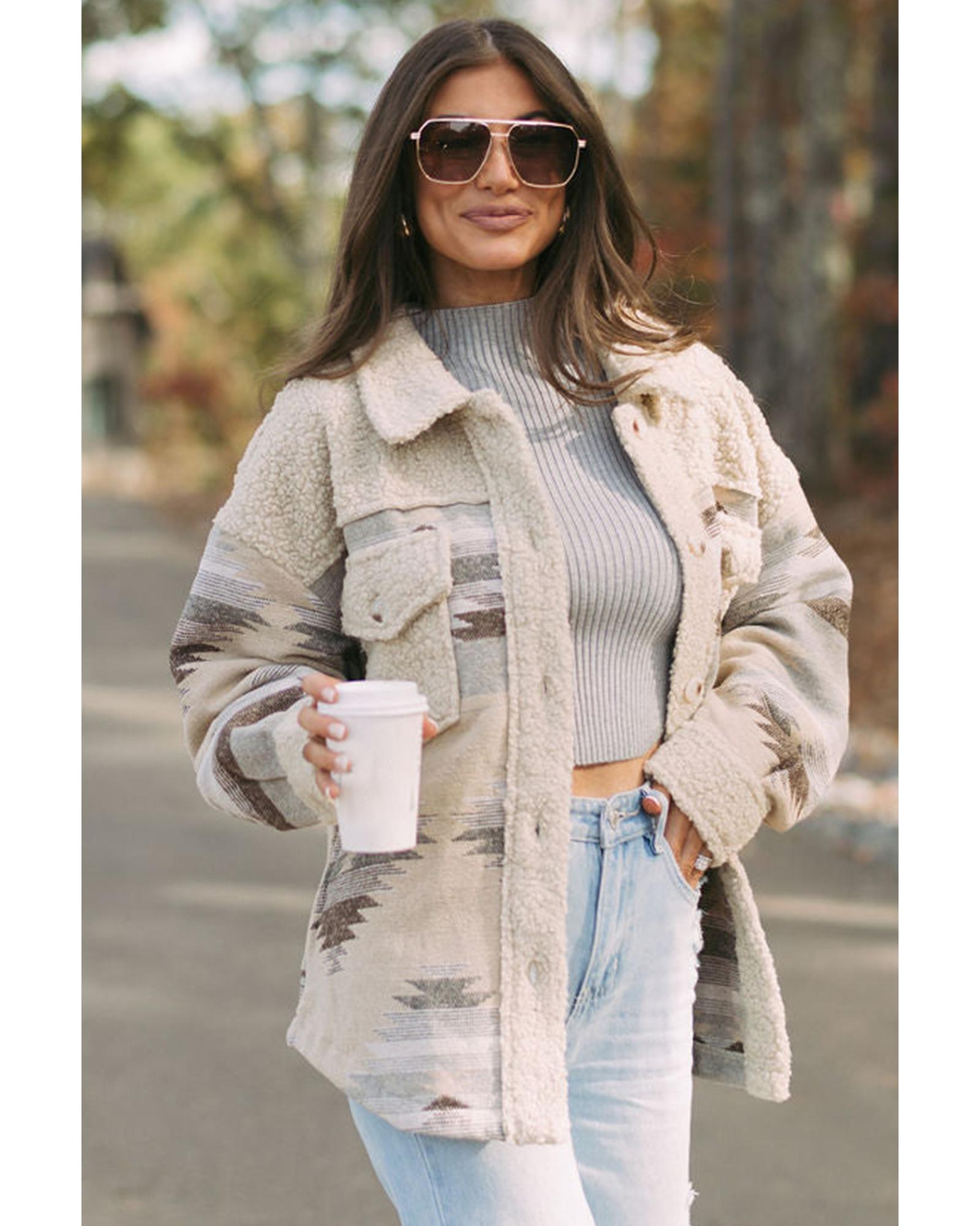 Khaki Western Aztec Print Sherpa Splicing Buttoned Flap Pocket Coat - S