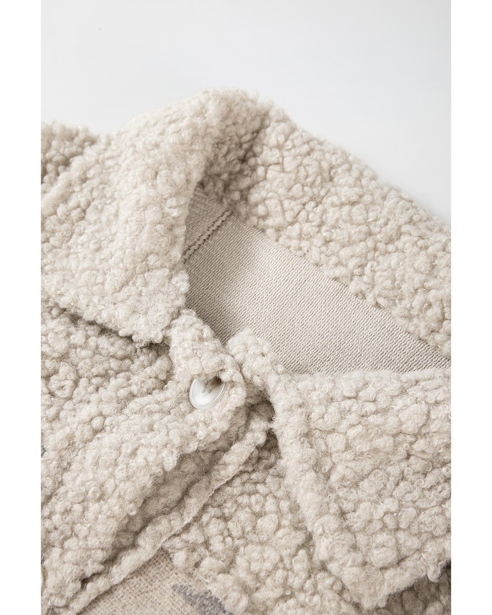 Khaki Western Aztec Print Sherpa Splicing Buttoned Flap Pocket Coat - XL