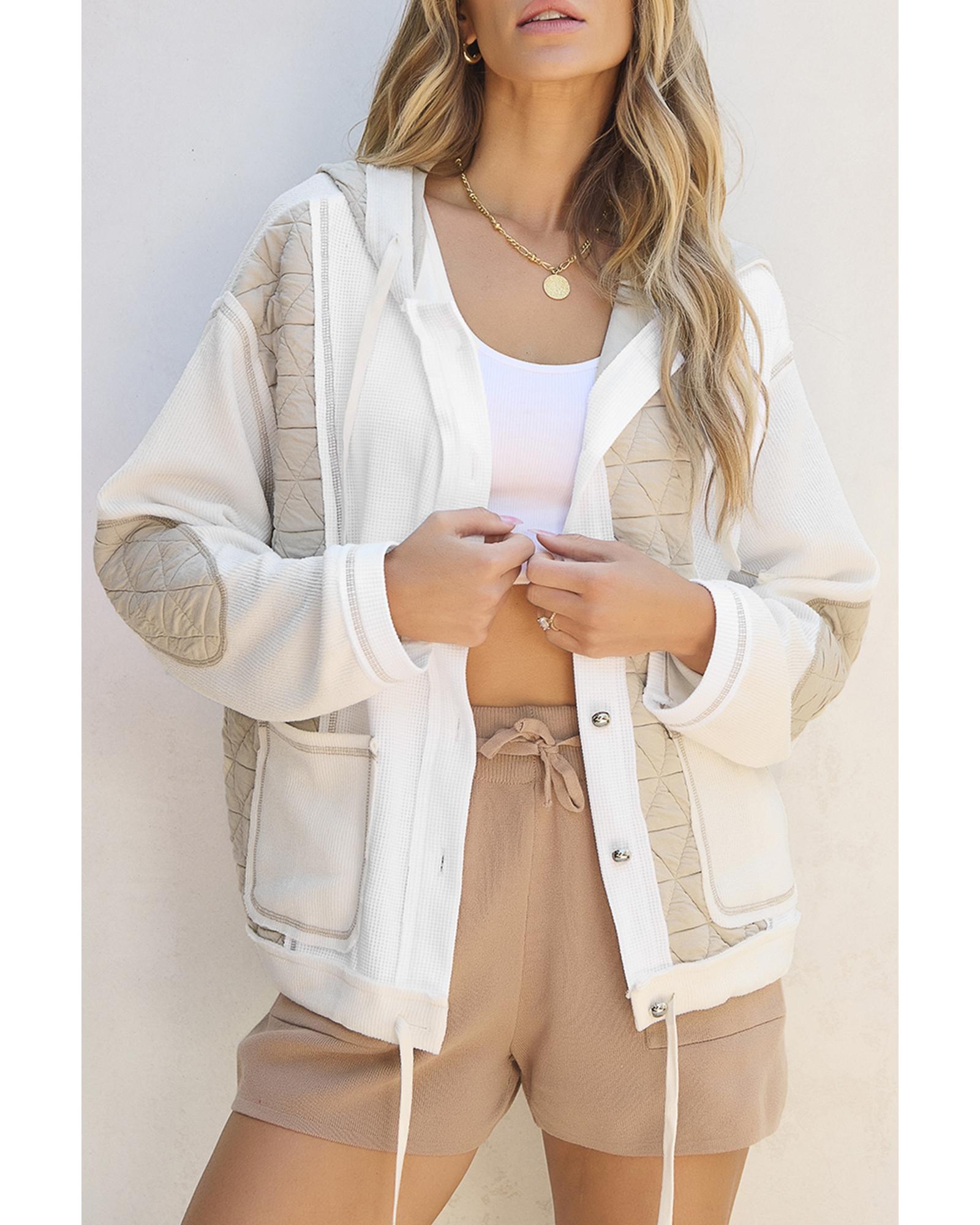 Beige Quilted Textured Patchwork Loose Fit Hooded Jacket - L