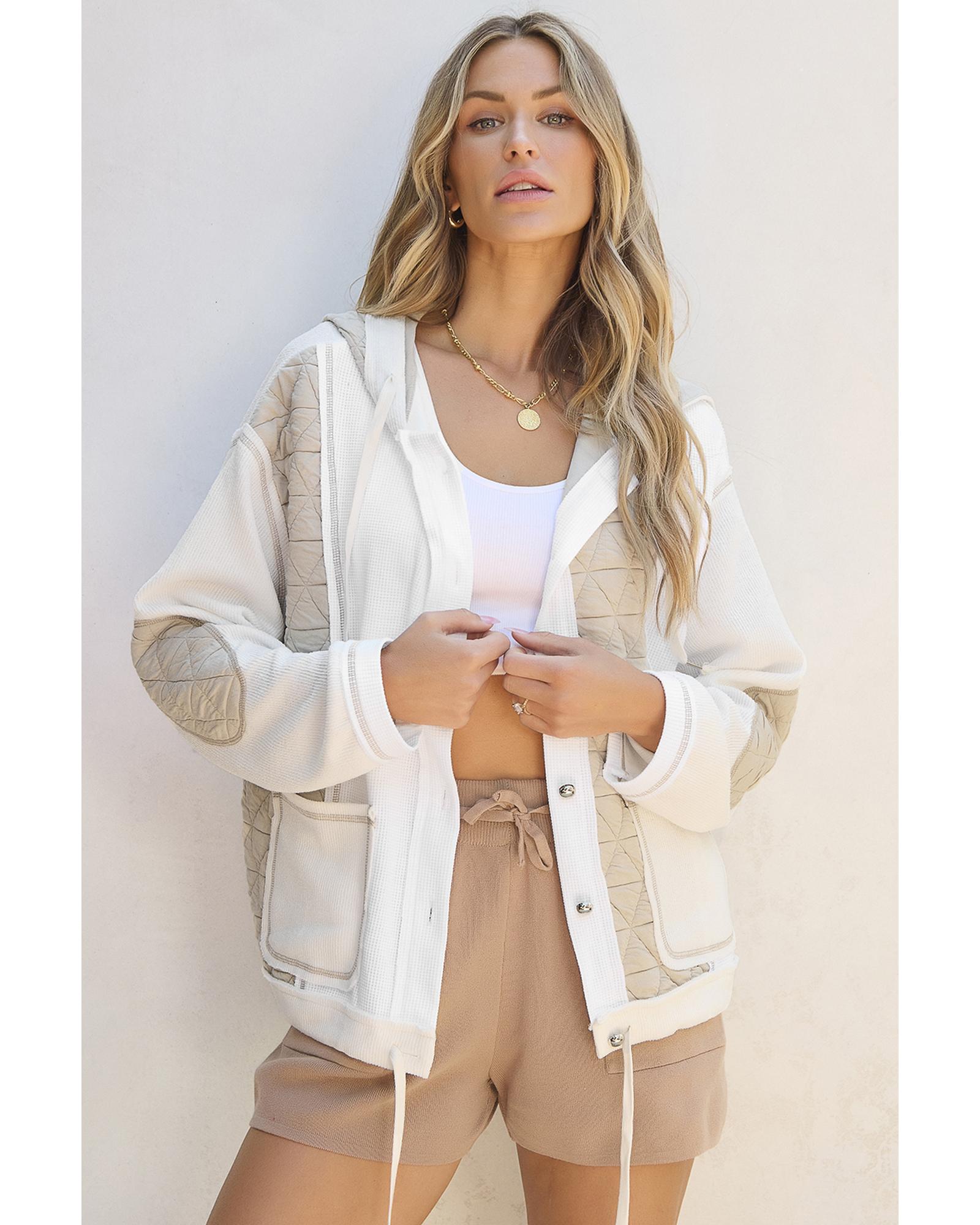 Beige Quilted Textured Patchwork Loose Fit Hooded Jacket - XL