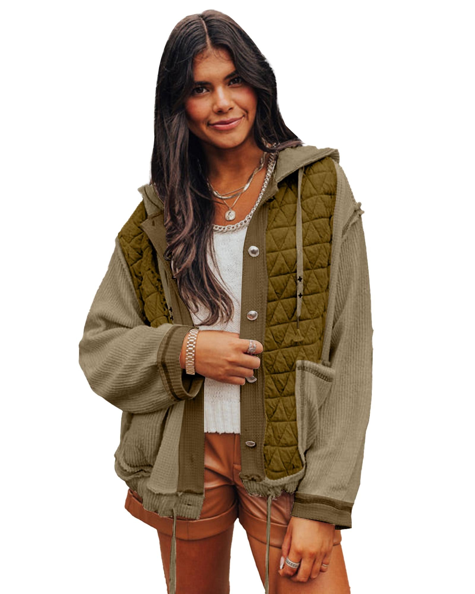 Jungle Green Quilted Textured Patchwork Loose Fit Hooded Jacket - L