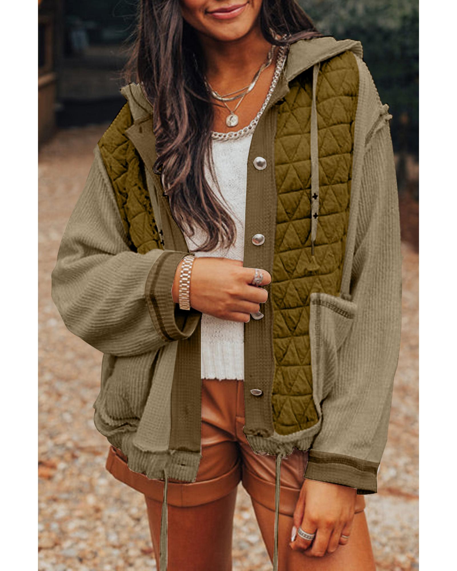 Jungle Green Quilted Textured Patchwork Loose Fit Hooded Jacket - M