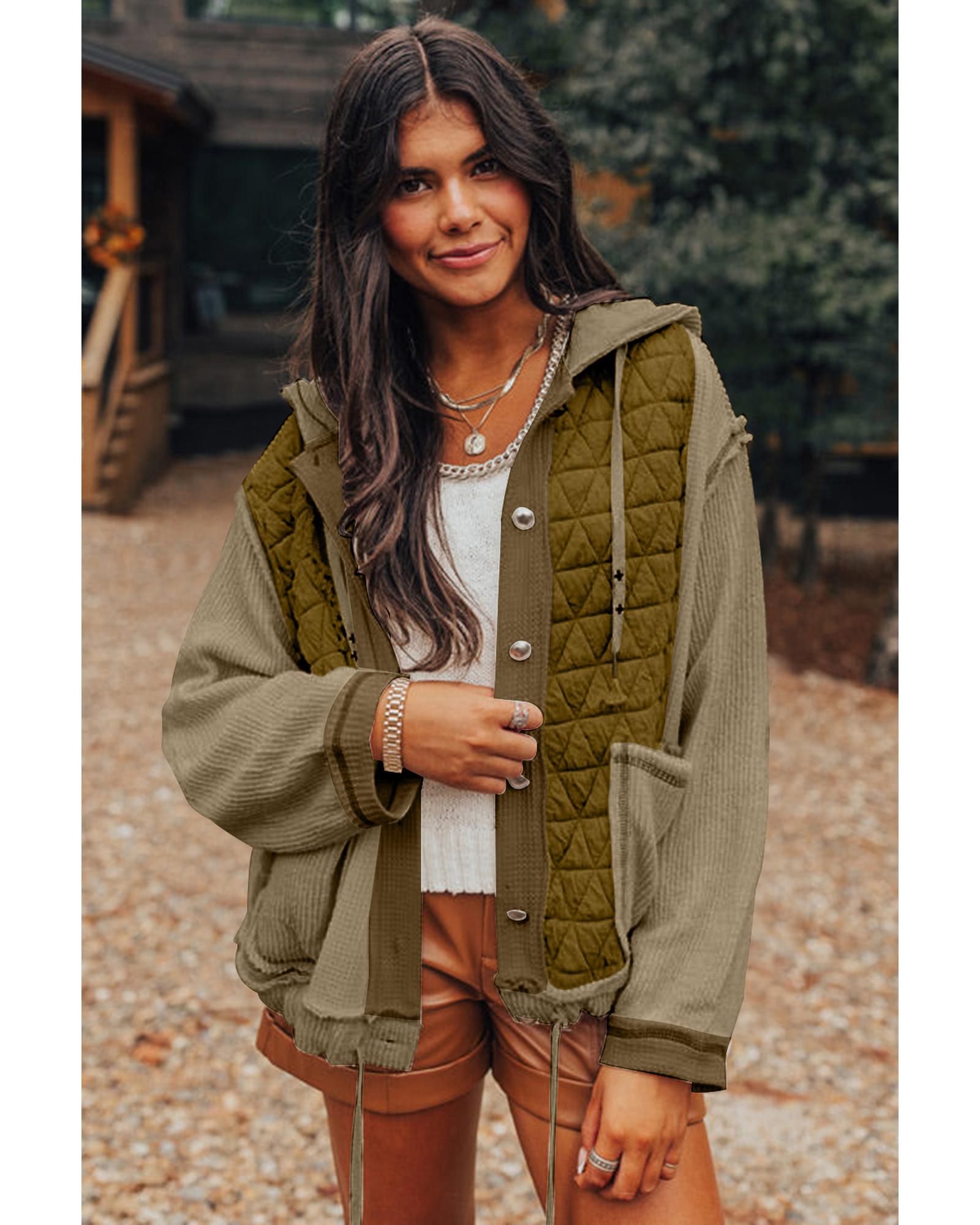 Jungle Green Quilted Textured Patchwork Loose Fit Hooded Jacket - S