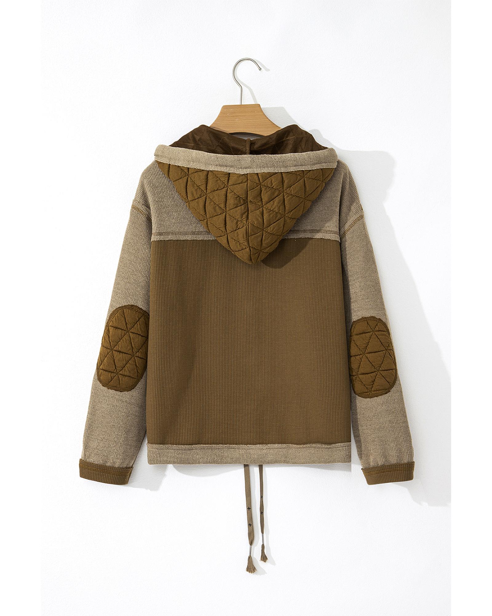 Jungle Green Quilted Textured Patchwork Loose Fit Hooded Jacket - S