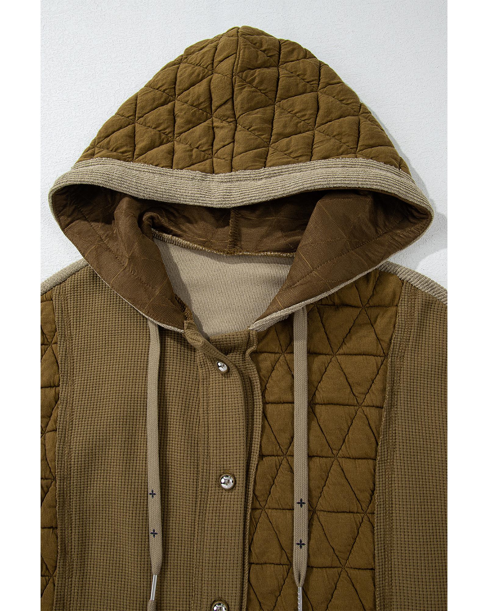 Jungle Green Quilted Textured Patchwork Loose Fit Hooded Jacket - XL