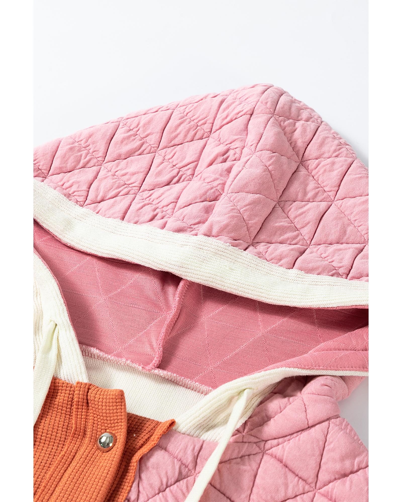 Coral Quilted Textured Patchwork Loose Fit Hooded Jacket - M
