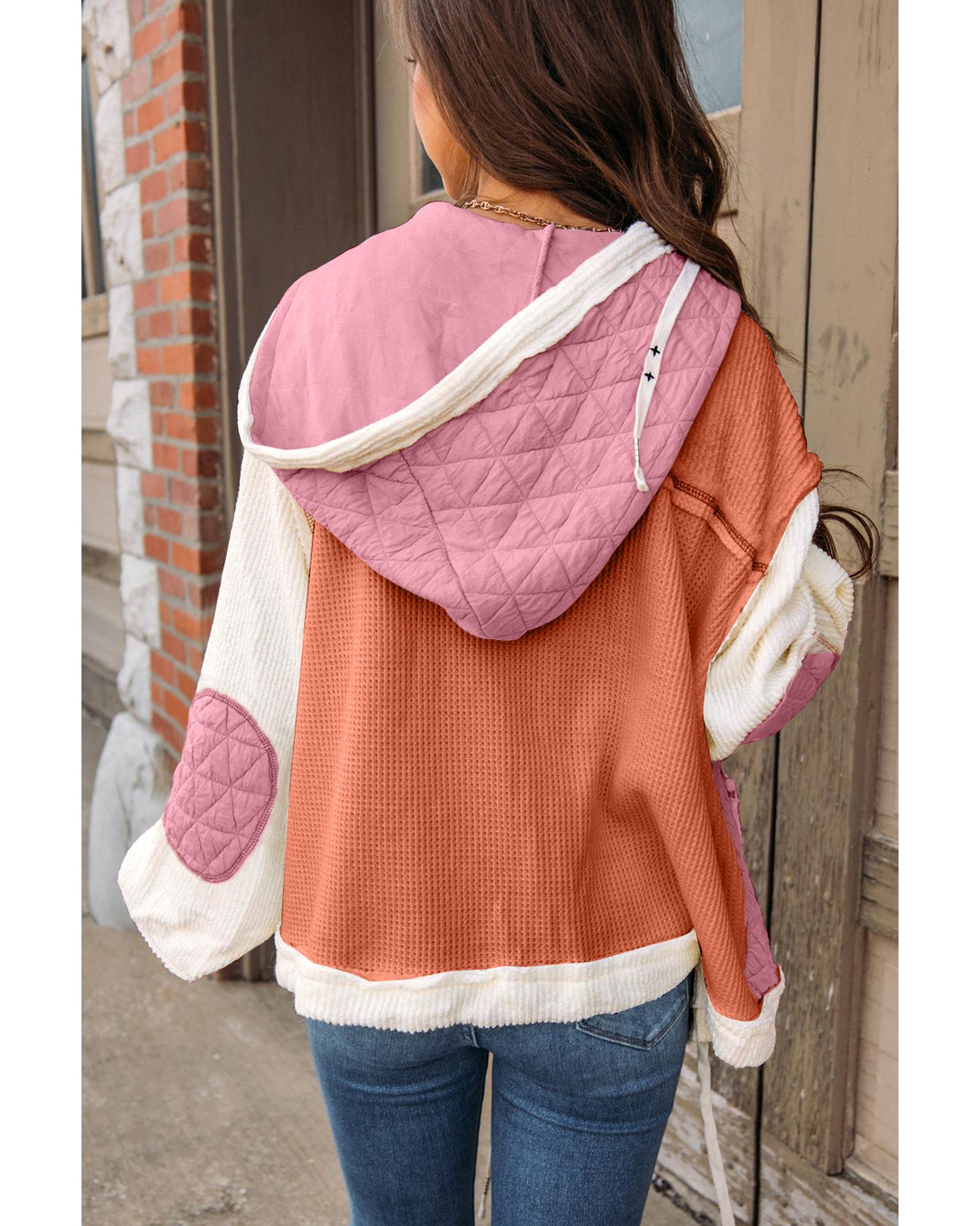 Coral Quilted Textured Patchwork Loose Fit Hooded Jacket - M